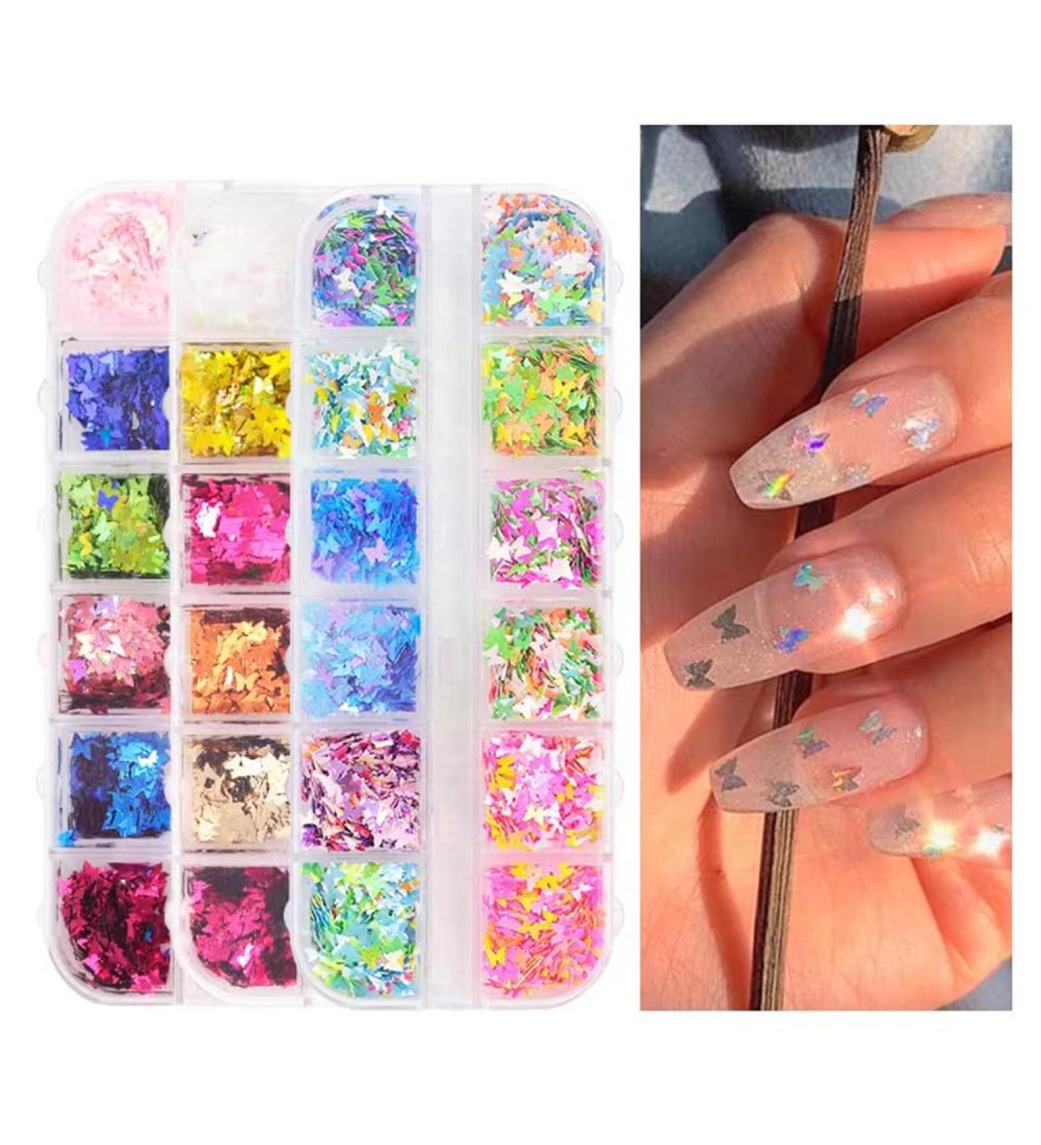 CHUANGOU 24 Color 3D Butterfly Nail Glitter & Sequins | Holographic Nail Art & Body Glitter for International Shipping - Buy Online on GoSupps.com