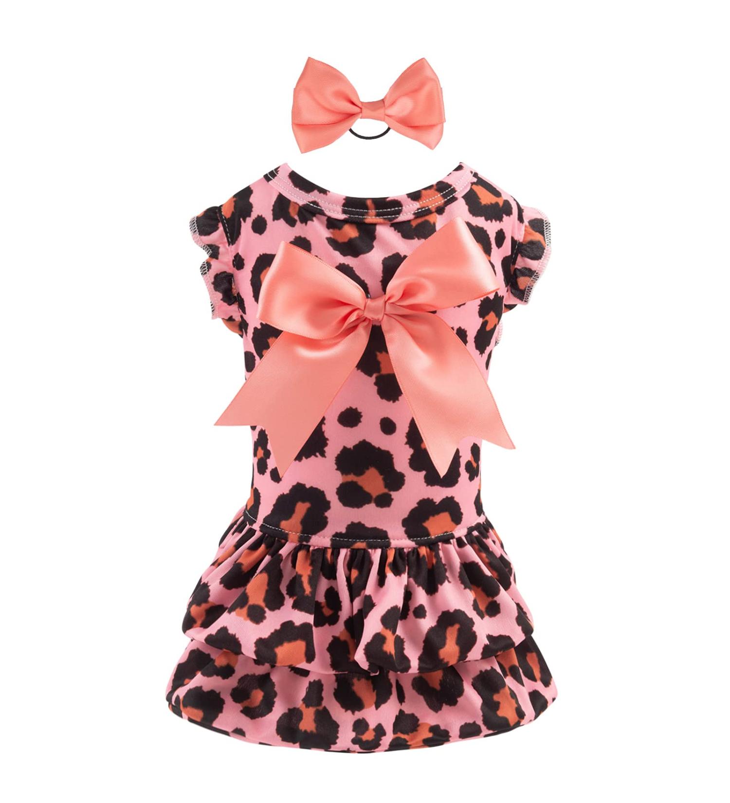 CuteBone Dog Velvet Dress Pink Leopard Costume with Bow Hair Rope | XX-Small, Valentine's Day Gift | Pet Outfit Cat Clothes - Buy Online on GoSupps.com