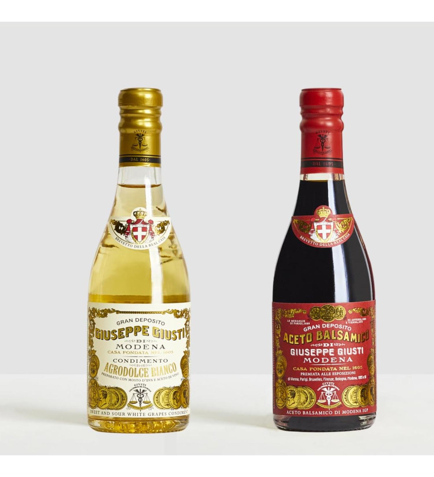 Giusti - Aceto Balsamico di Modena 3 Medaglie d'Oro e Condimento Agrodolce Bianco - 2 x 250 ml Champagnotta - Buy Online on GoSupps.com