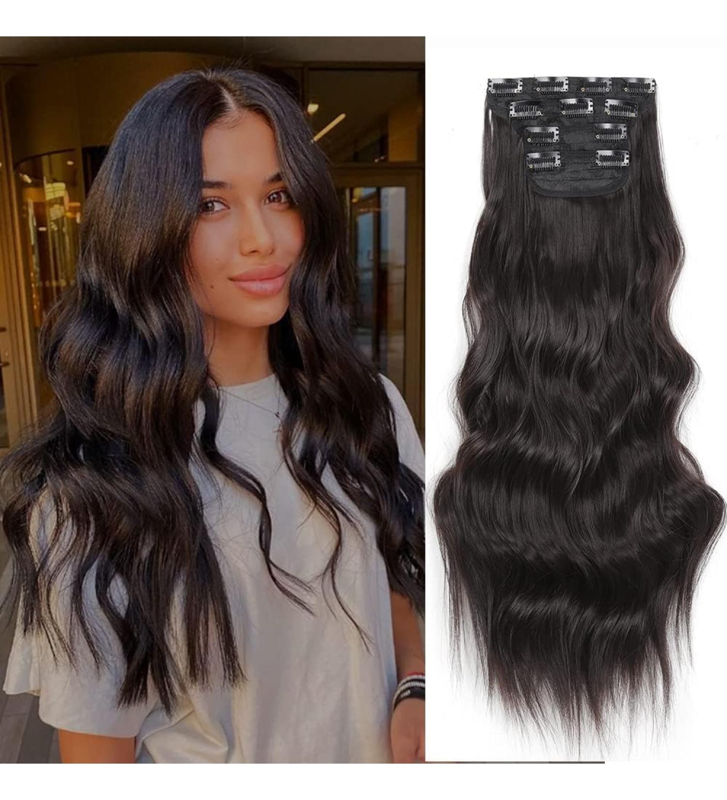 Yddm Clip-In Hair Extensions - Natural Black Wavy 24-Inch Synthetic Hair - Full Head 4pcs Affordable Realistic Look for Women - Buy Online on GoSupps.com