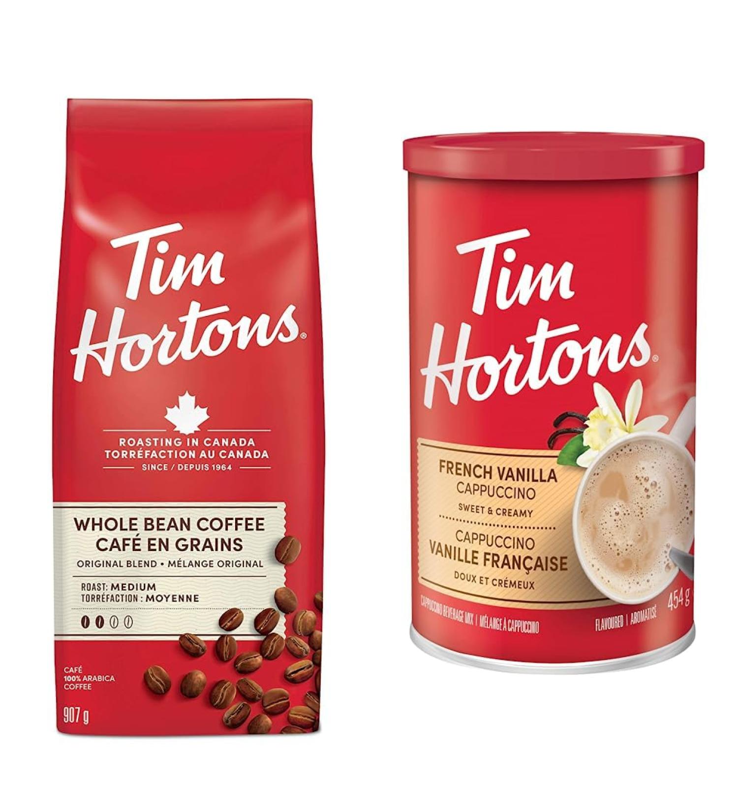 Tim Hortons Whole Bean Bag Original Whole Bean 907 Grams & Tim Horton's Instant Cappuccino French Vanilla 16 Ounce Coffee + Cappuccino French Vanilla 907 g (Pack of 1) - Buy Online on GoSupps.com