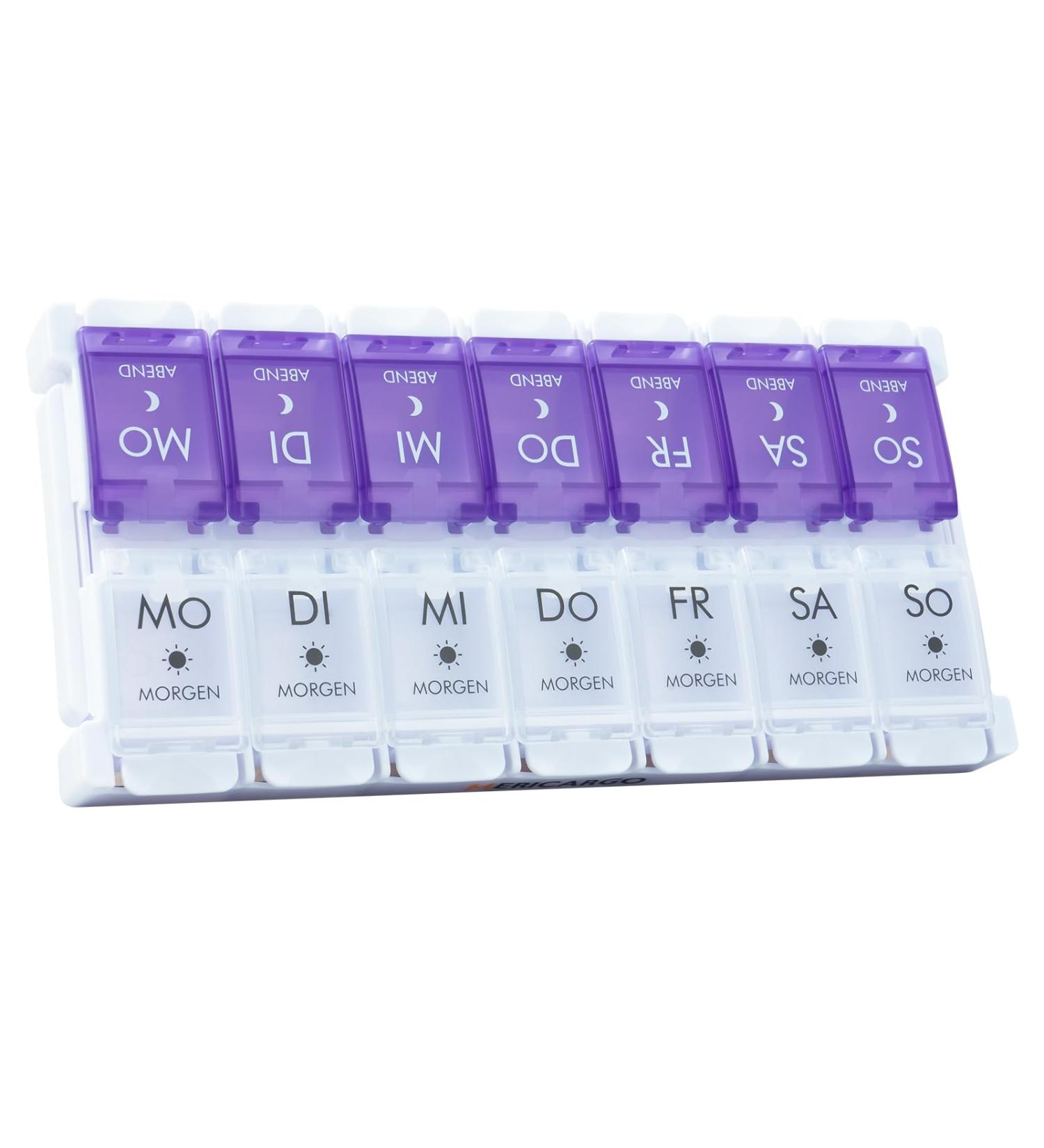 Weekly Pill Organizer - 7 Day Medication Box with Removable Compartments | Purple & White Tablet Storage Solution for International Shipping - Buy Online on GoSupps.com
