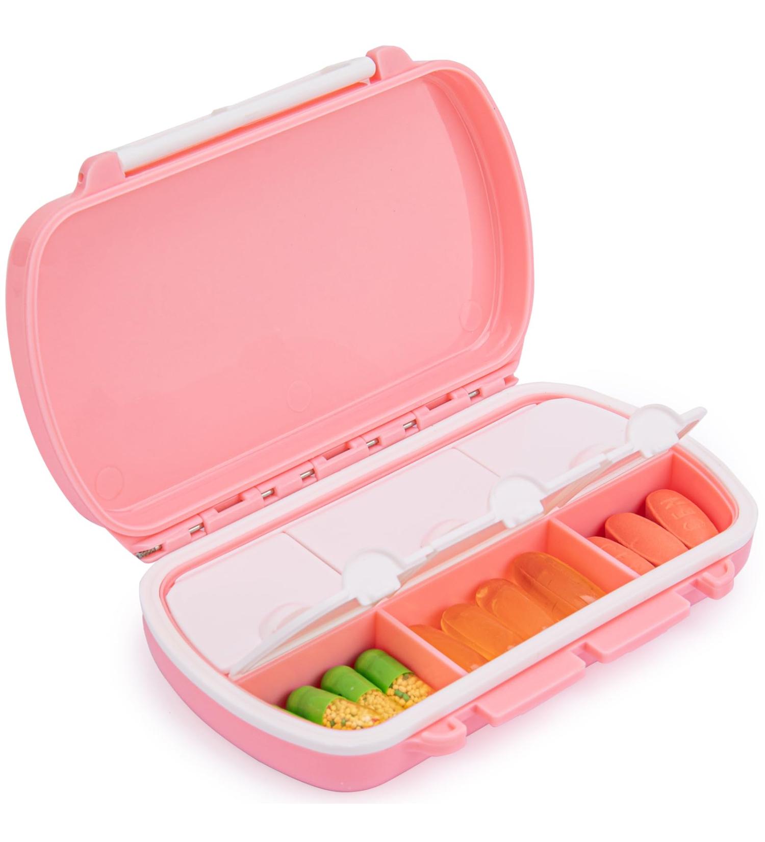 Portable Travel Pill Organizer - Mooyue Compact Daily Pill Box Stylish Vitamin Case with Sticky Labels - Perfect for Travel (Pink - Buy Online on GoSupps.com