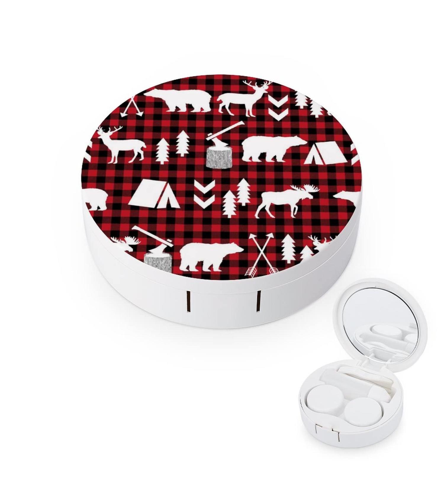 Buffalo Plaid Woodland Christmas Portable Contact Lens Case with Mirror | Cute Winter Contact Lens Box Kit - Buy Online on GoSupps.com