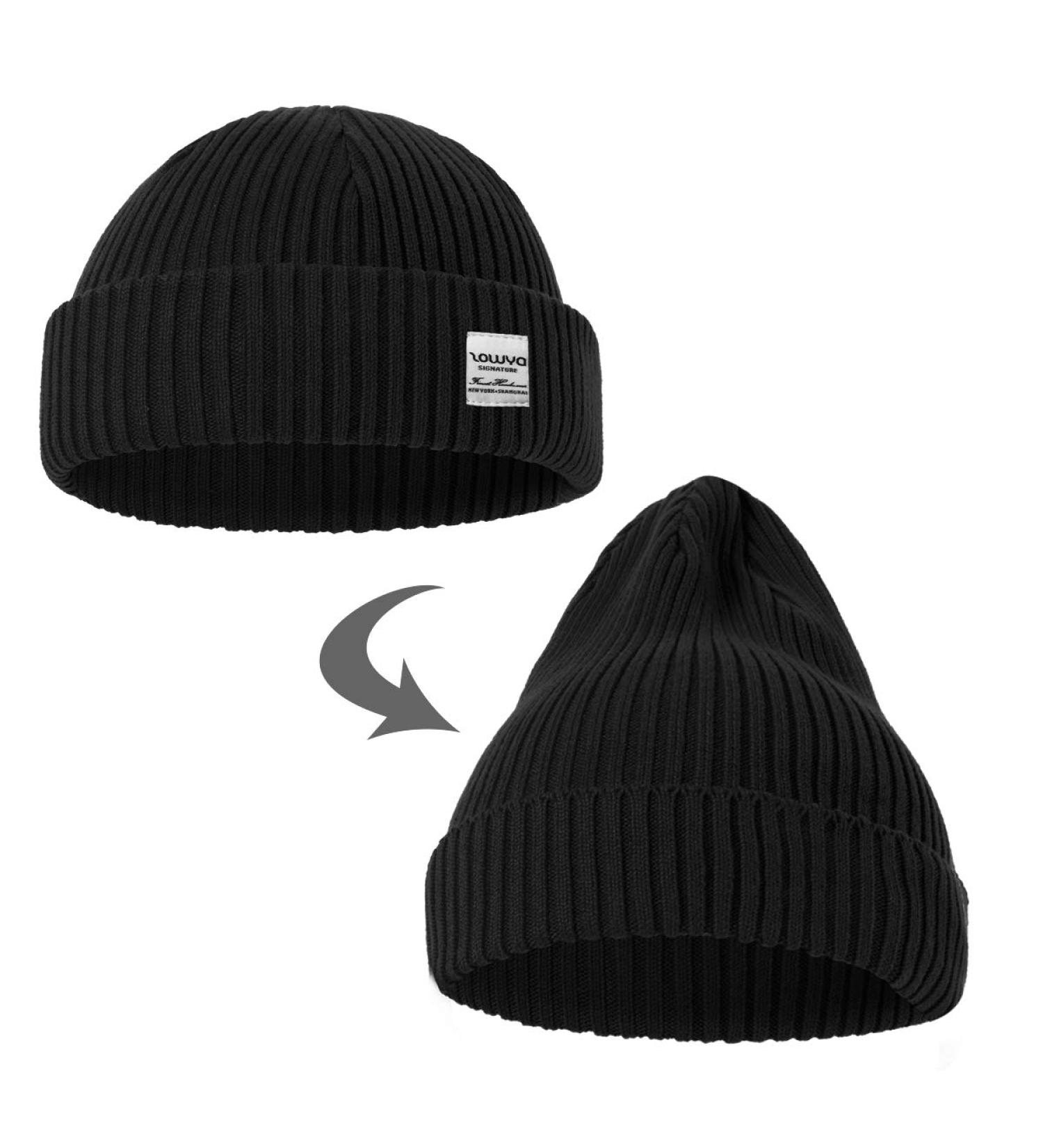 Zowya 2-in-1 Fisherman Beanie and Regular Cuff Knit Hat in Black - Unisex Warm Ribbed Skull Cap - Buy Online on GoSupps.com