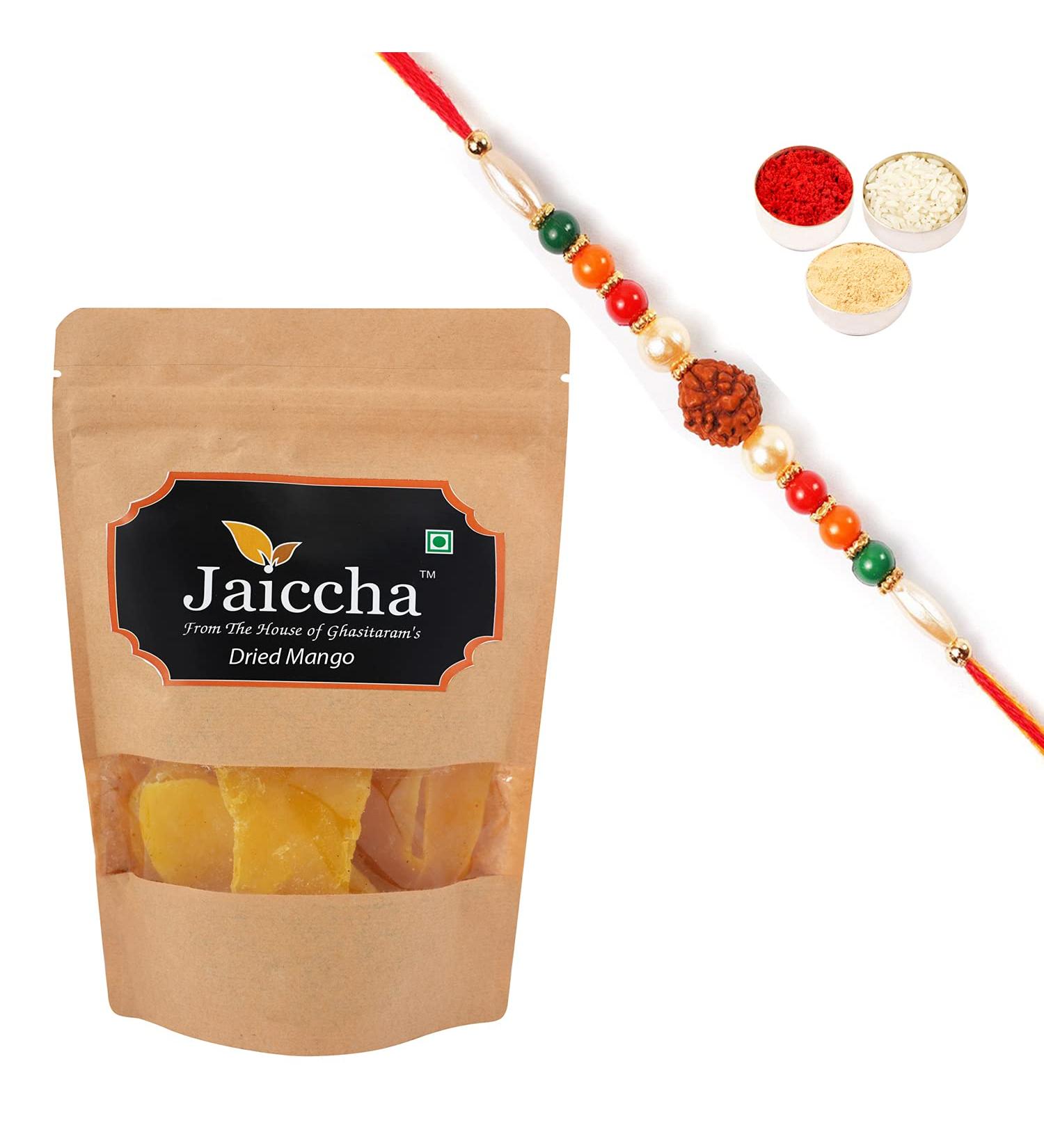 Jaiccha Ghasitaram Rakhi Gifts for Brothers Rakhi Dryfruits - Dried Mango 200 GMS in Brown Paper Pouch with Rudraksh Rakhi - Buy Online on GoSupps.com
