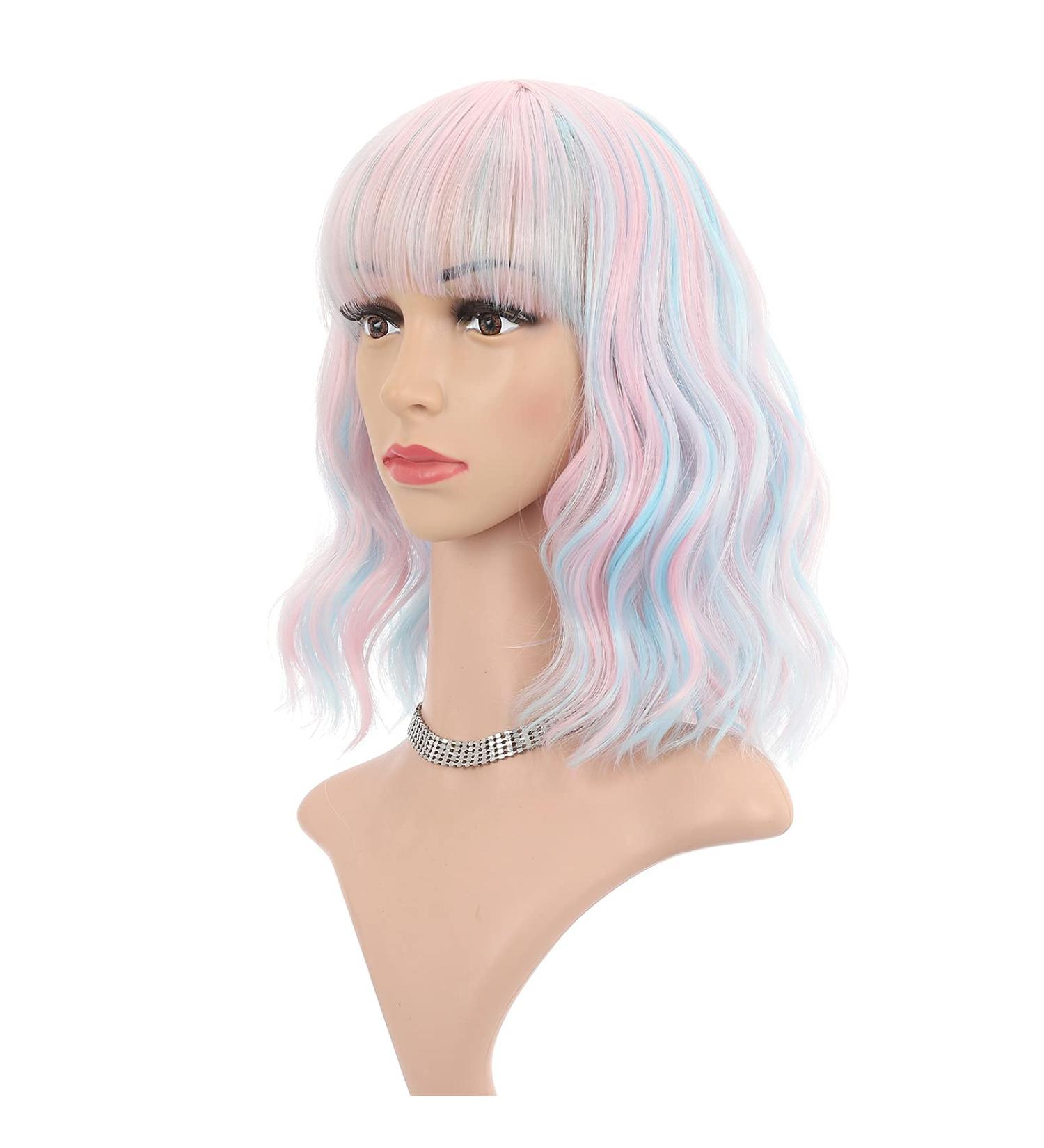 Faelbaty Pink Short Wave Bob Wig - Pony Curly Synthetic Cosplay Wig for Girls & Women - Shoulder-Length Candy Color Costume Wig (12 Mixed Blue & Pink) - Buy Online on GoSupps.com