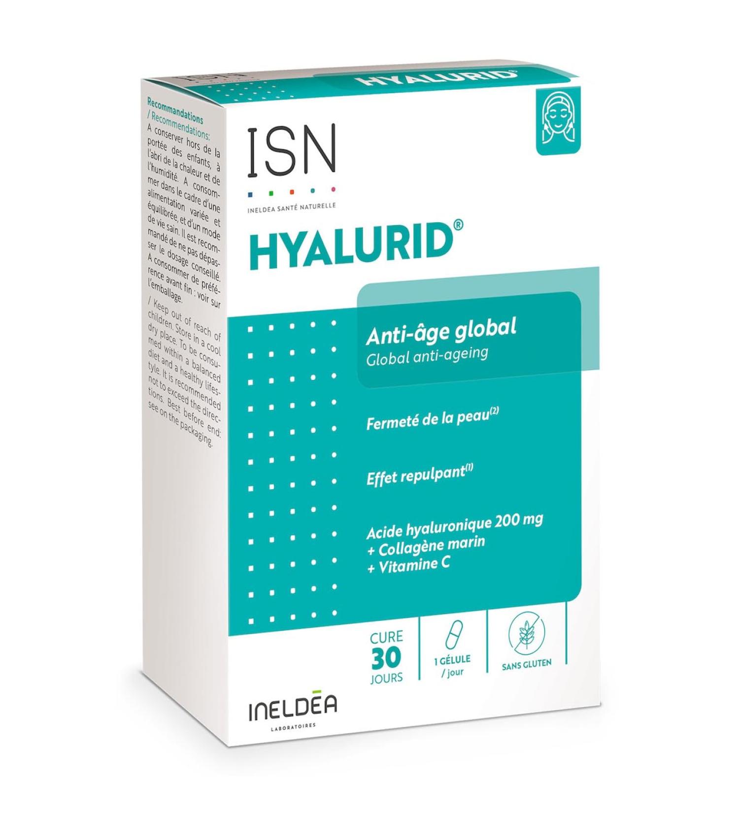 ISN - Hyalurid - Global anti-aging action - Preserves the beauty and youth of the skin - Firmness & elasticity - Plumping effect - Hyaluronic Acid Marine Collagen Vitamin C - 30-day cure - Buy Online on GoSupps.com