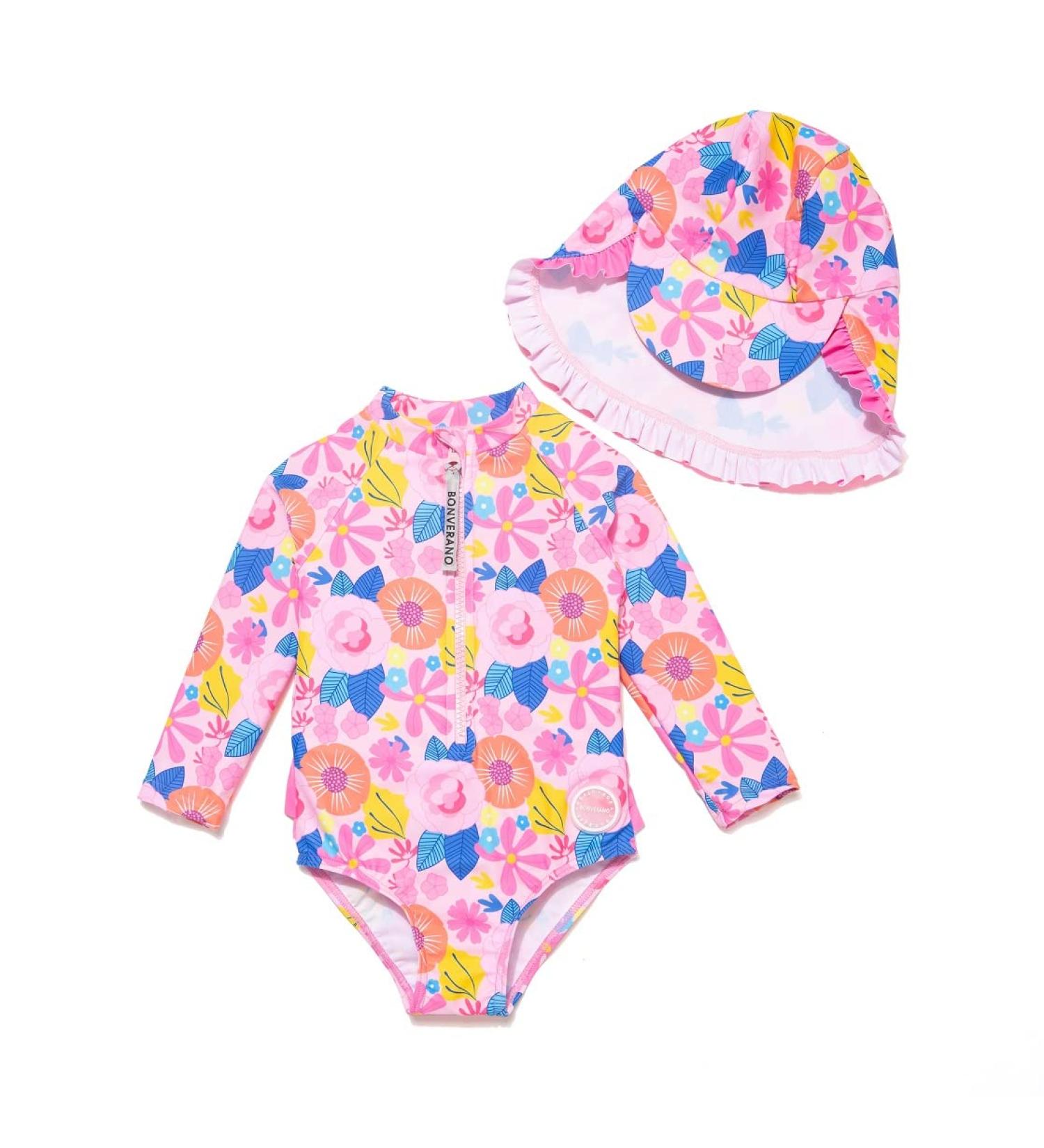 BONVERANO Baby Girls Swimsuit | Toddler Bathing Suit with UPF 50+ Sun Protection | Long-Sleeve Zipper One Piece Swimwear | 18-24 Months | Sunflower Print - Buy Online on GoSupps.com