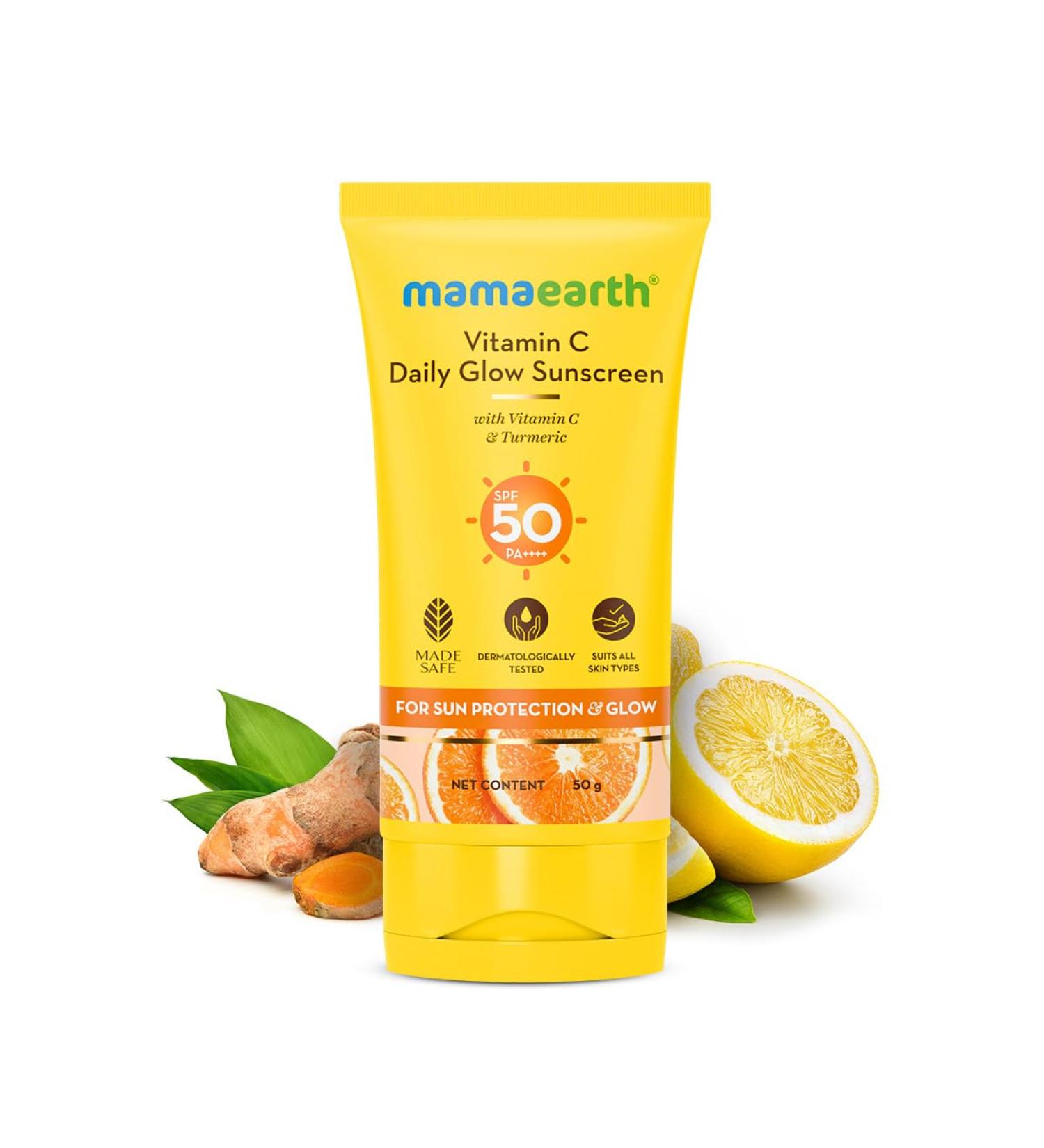 Mamaearth Vitamin C Daily Glow SPF 50 Sunscreen with PA+++ | Reduces Tanning & Gives Broad Spectrum Sun Protection | Non-Greasy | 1.76 Oz (50g) 1.76 Ounce (Pack of 1) - Buy Online on GoSupps.com