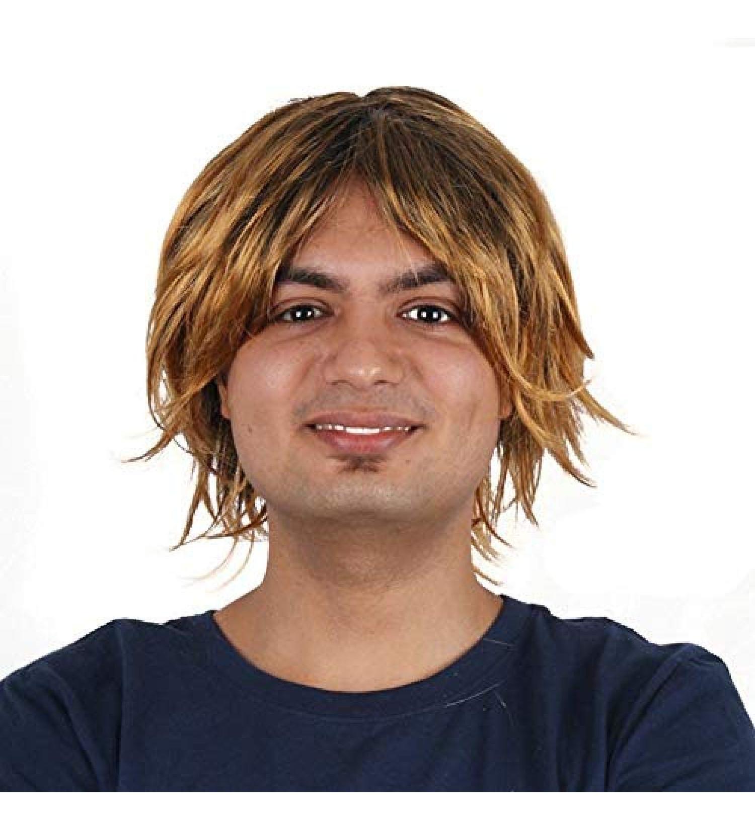 BGHJUE Mens Wig Male Hair Golden Yellow Middle Long Slightly Curled Synthetic Hair Fiber Daily Wigs Goldenyellow