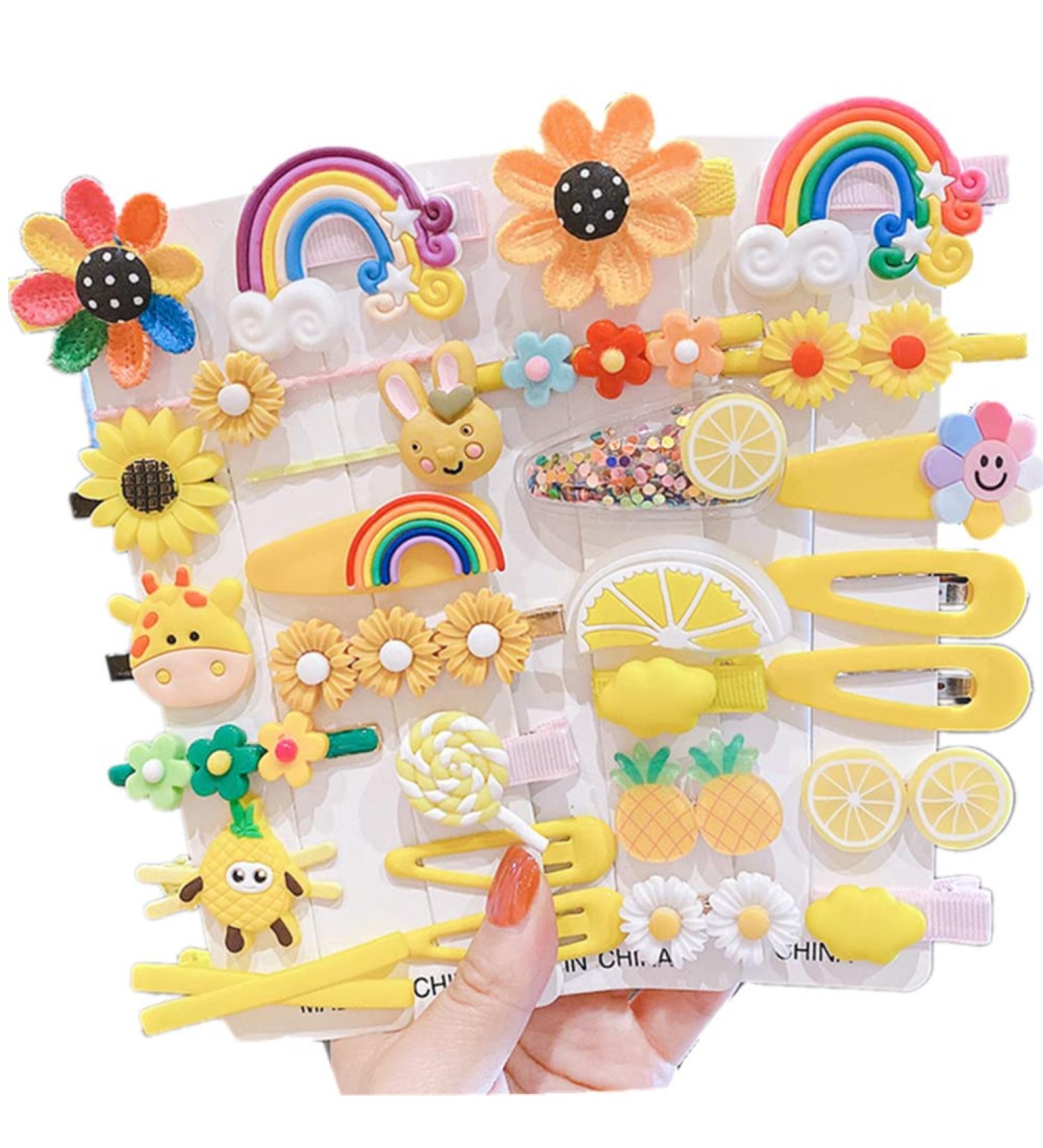 28 pieces of cute cartoon hair clips for children Korean princess headdress for girls hair clip side clip BB hair needle baby hair accessories (yellow)