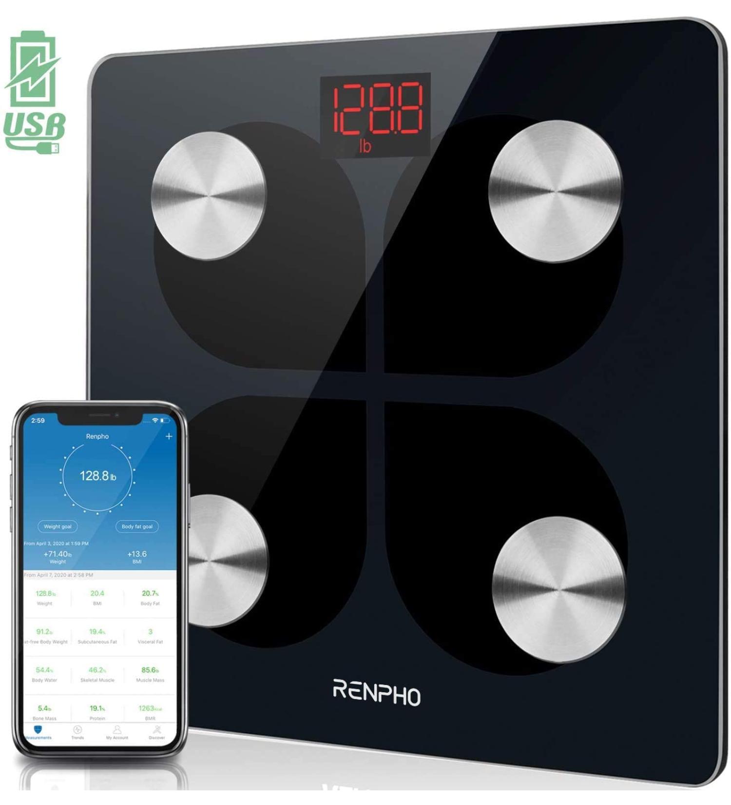 RENPHO Rechargeable Smart Scale - Digital Weight & Body Fat Monitor with Bluetooth Sync - 396 lbs Capacity - Buy Online on GoSupps.com