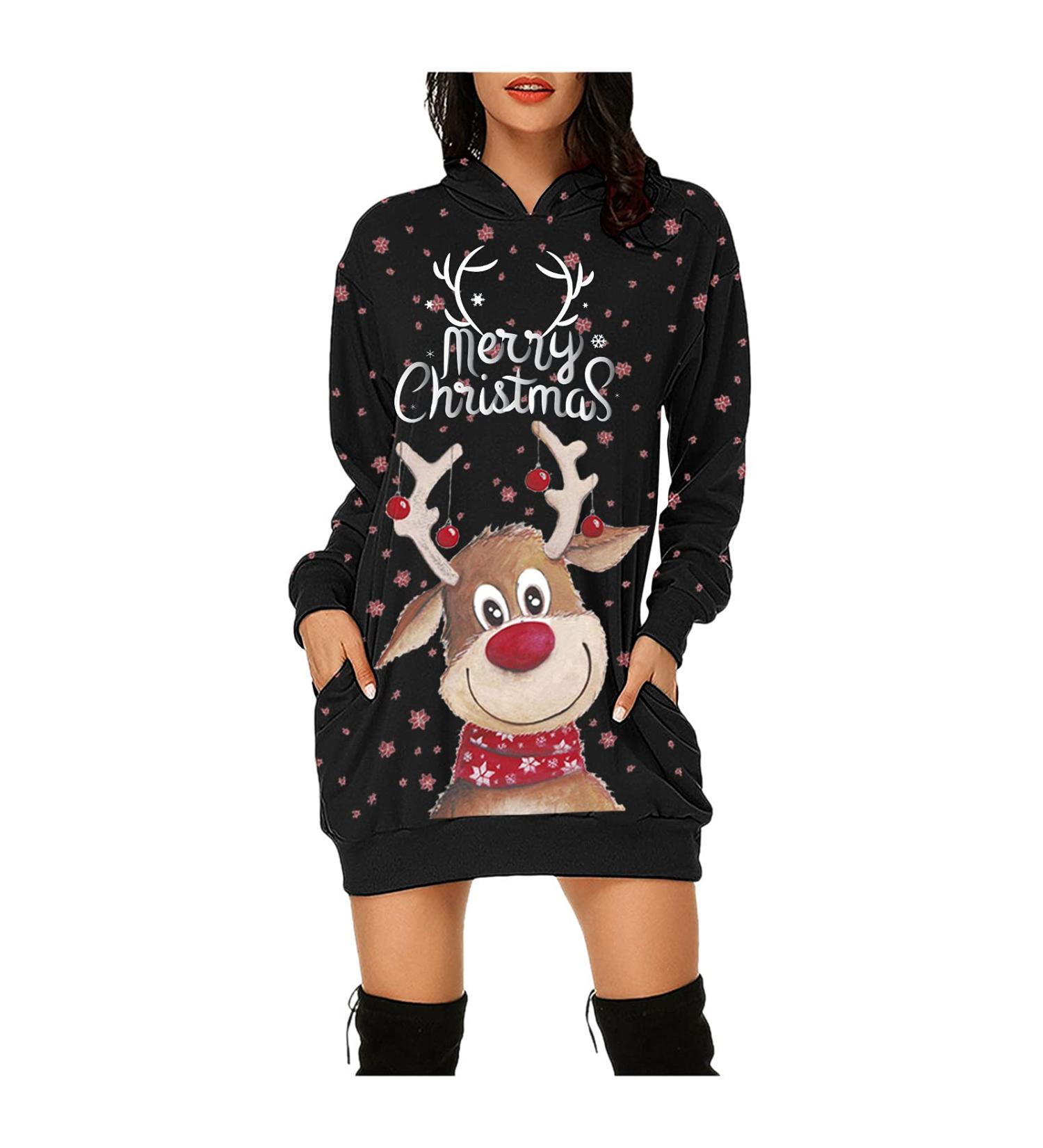 Shop Hanxiulin Women's Christmas Mini Dress - Festive Hooded Sweatshirt & Long-Sleeved Blouse - Perfect Winter Style! - Buy Online on GoSupps.com