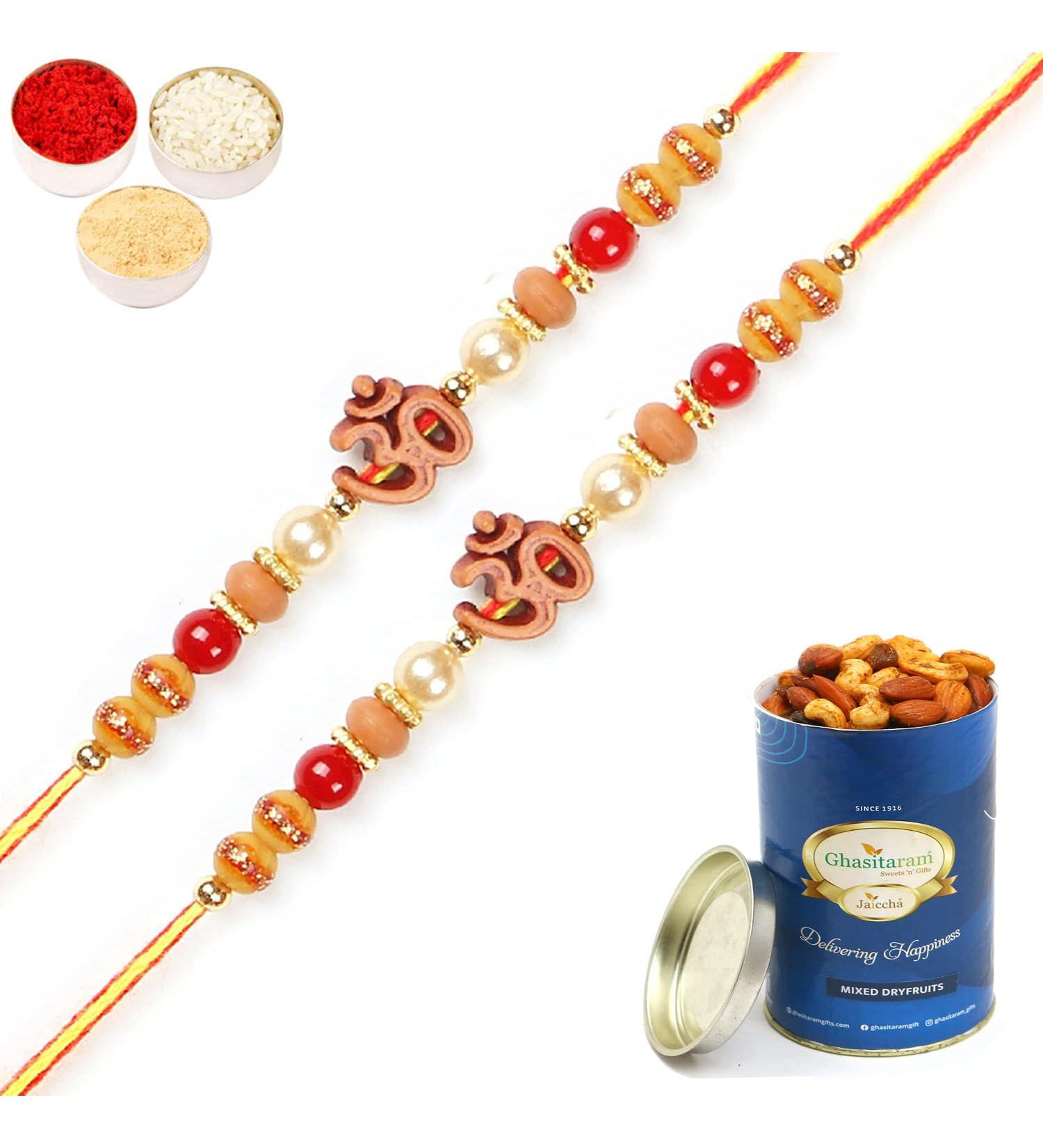 Ghasitaram Gifts Rakhis Online for Brother- Set of 2-6037 Rakhi Thread with 100 GMS of Dryfruits Mix Can 2 Rakhi with 100 gms of Dryfruits Mix Can - Buy Online on GoSupps.com