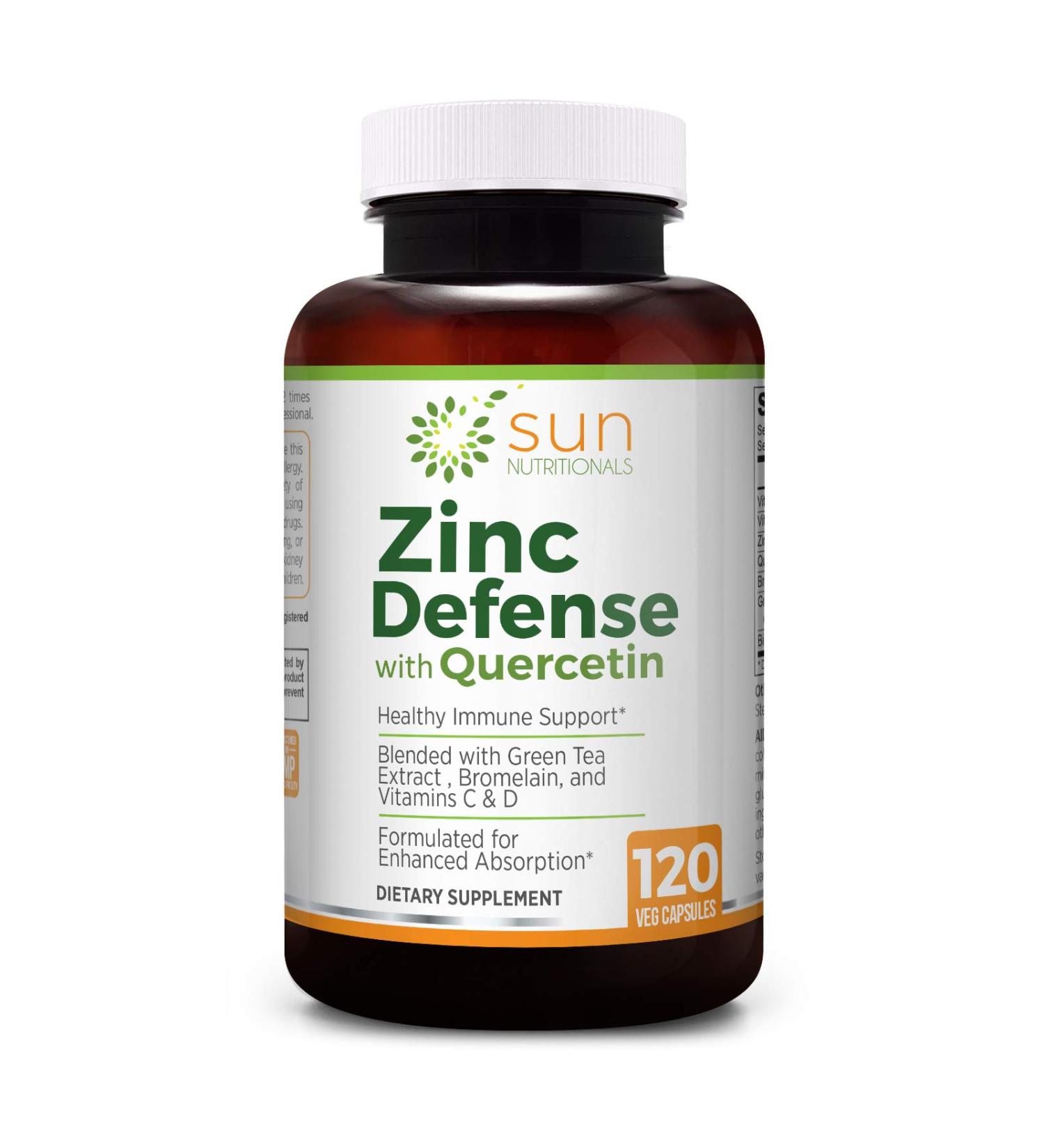 Sun Nutritionals Zinc Defense with Quercetin, EGCG, Bromelain, Vitamin C & D - 2-Month Supply (120 VCaps), Non-GMO, Gluten-Free - Buy Online on GoSupps.com