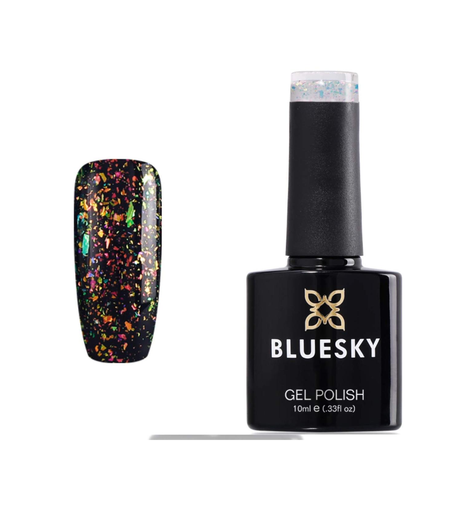 Bluesky Galaxy 01 Chameleon Flakes Nail Gel Polish UV LED Soak Off 10ml This is a Clear Gel with Chameleon Flakes A Black Gel Is Used as the first coat for the Effect in the Picture. - Buy Online on GoSupps.com