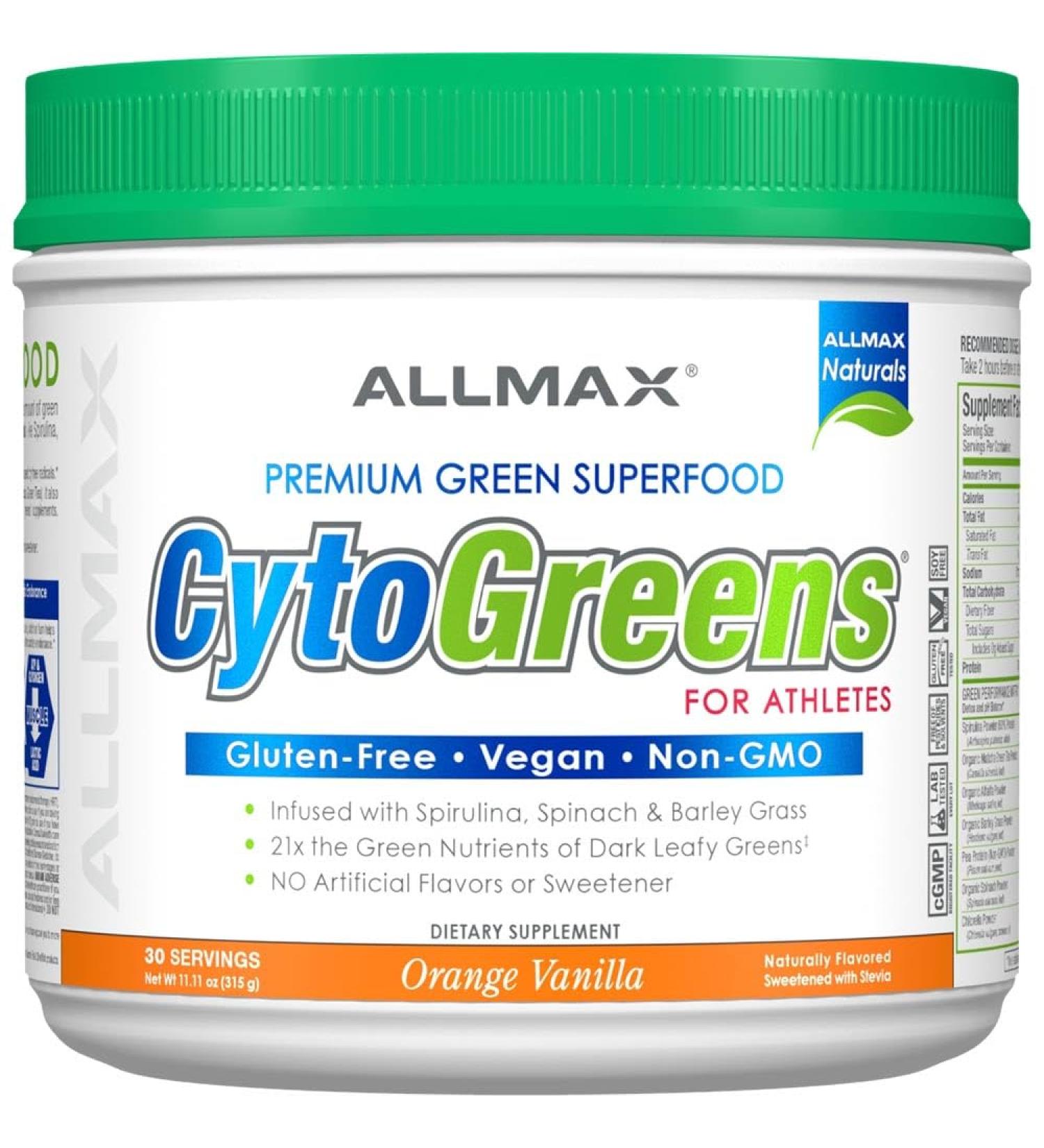 ALLMAX Naturals- CYTOGREENS Orange Vanilla - 315g - Supports Performance Recovery & Energy - with Spirulina Chlorella Spinach Barley Grass & Green Tea - 30 Servings - Buy Online on GoSupps.com