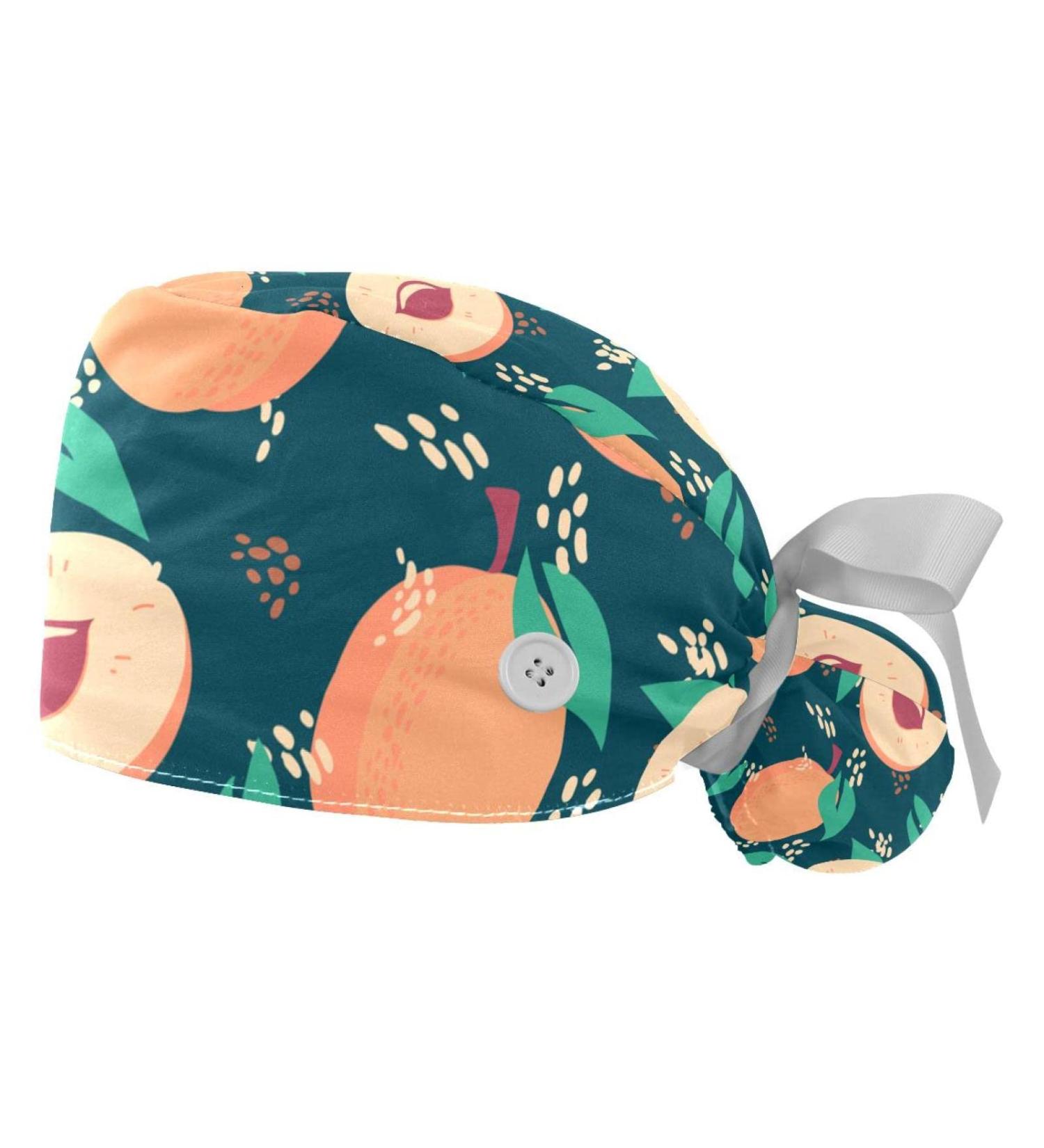 Peach Pattern Scrub Caps Hats 2PCS for Women with Bouffant Design and Ponytail Holder - Ideal for Work and Long Hair Coverage - Buy Online on GoSupps.com