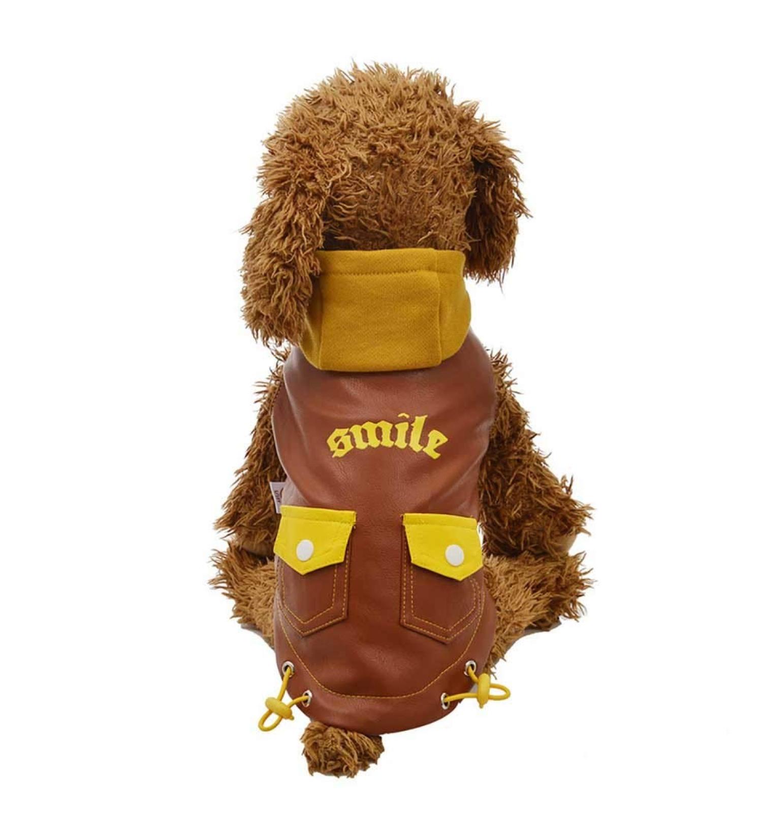 Waterproof Leather Dog Jacket for Women | Stylish Sweatshirt with Hood & Smile Print | Warm Pet Coat for Dogs & Cats - Buy Online on GoSupps.com