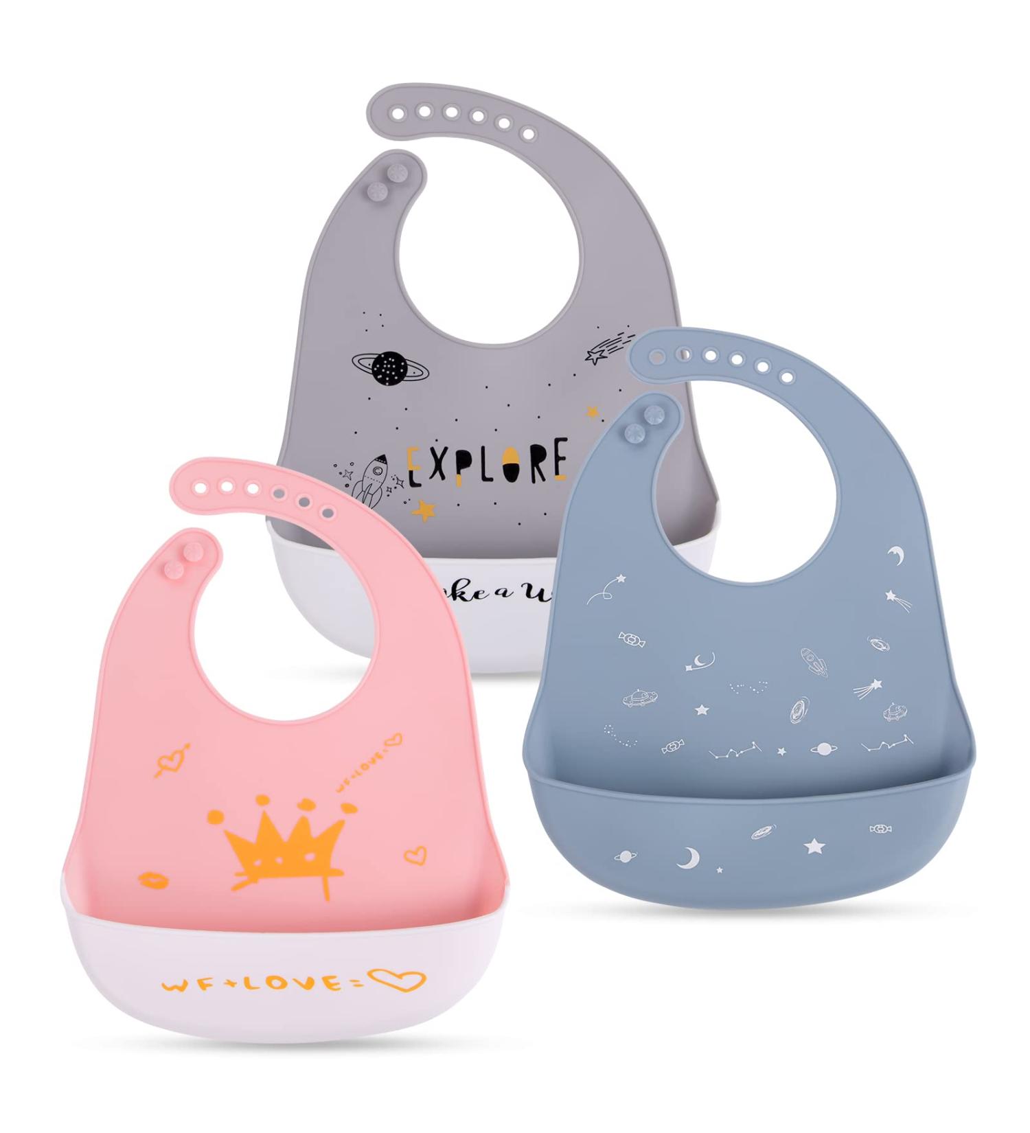 Vicloon Silicone Baby Bib | Waterproof Weaning Bib with Food Catcher Pocket | Adjustable Toddler Feeding Bib - Pink/Blue/Grey - Buy Online on GoSupps.com