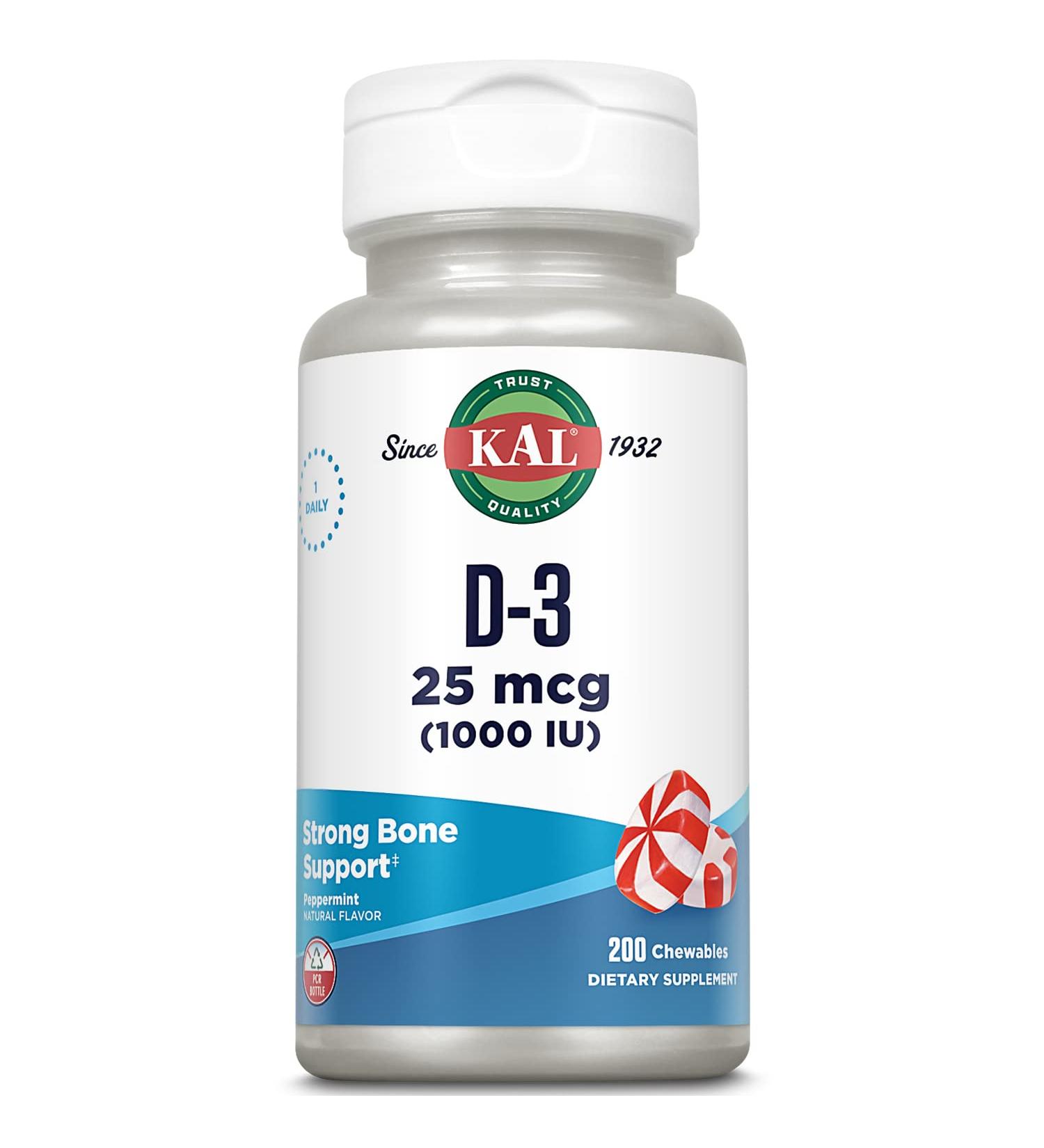 KAL Vitamin D-3 1000 IU Chewable | Peppermint Flavor | Healthy Immune Function & Bone Support | 200 Chews 200 Serv - Buy Online on GoSupps.com
