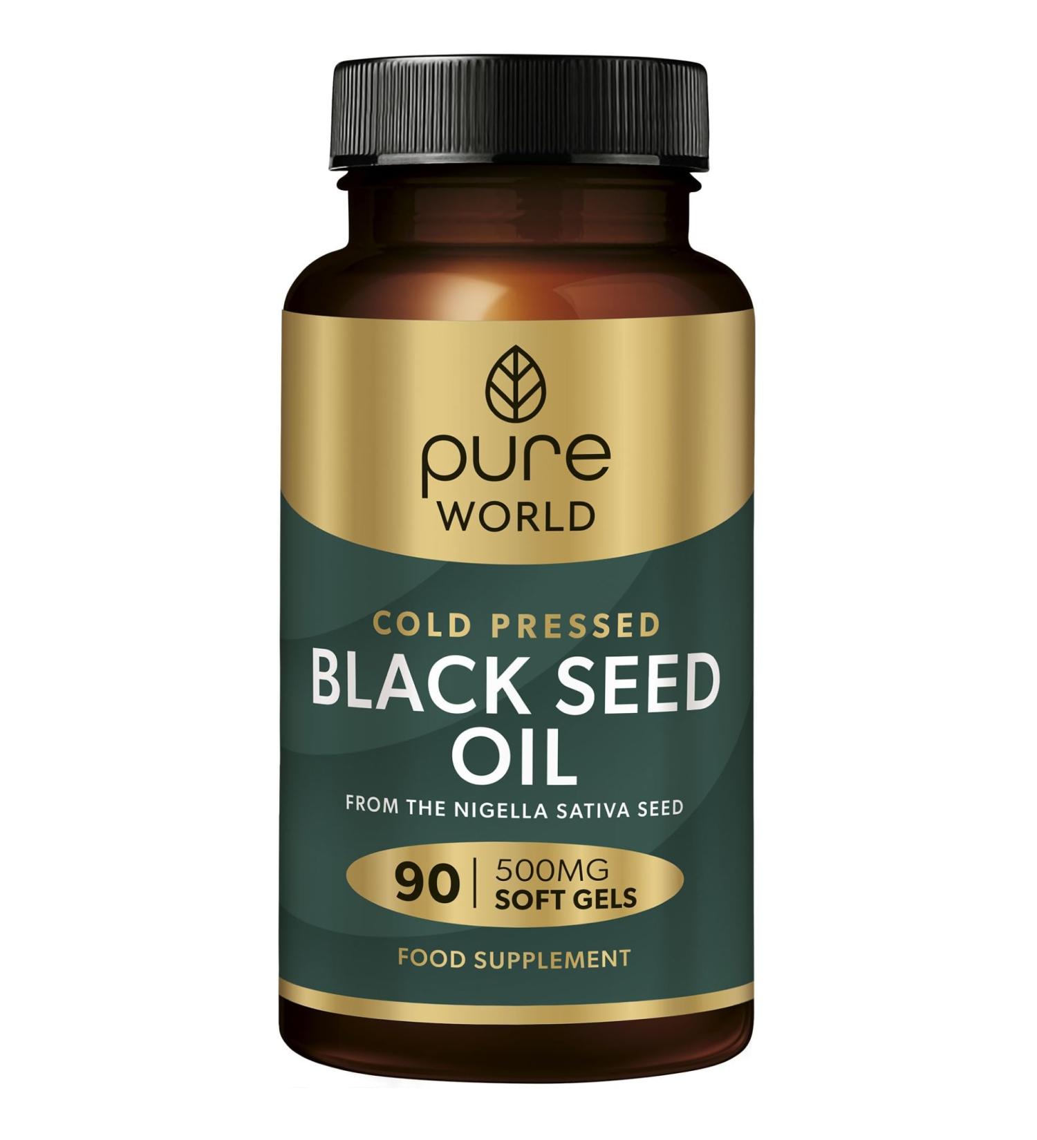 Pure World Natural Black Seed Oil 500mg - 90 Vegan Capsules, Cold Pressed & Easy to Swallow - Made in UK - Buy Online on GoSupps.com