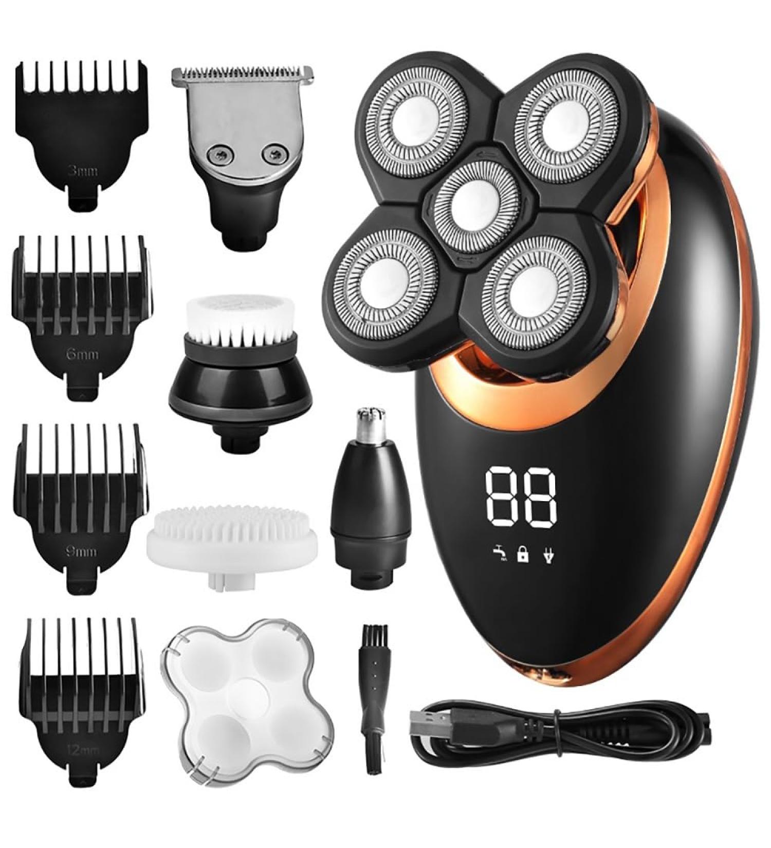 5 in 1 Head Shaver for Men - Rechargeable Electric Razor with Floating Heads Hair Clipper & Nose Trimmer - Washable & Gold Color - Buy Online on GoSupps.com