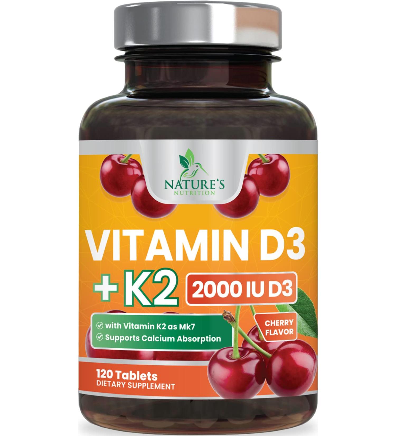 High Potency Vitamin D3 + K2 (MK-7) 2-in-1 Formula - 120 Chewable Tablets for Heart, Bone & Immune Health - Buy Online on GoSupps.com
