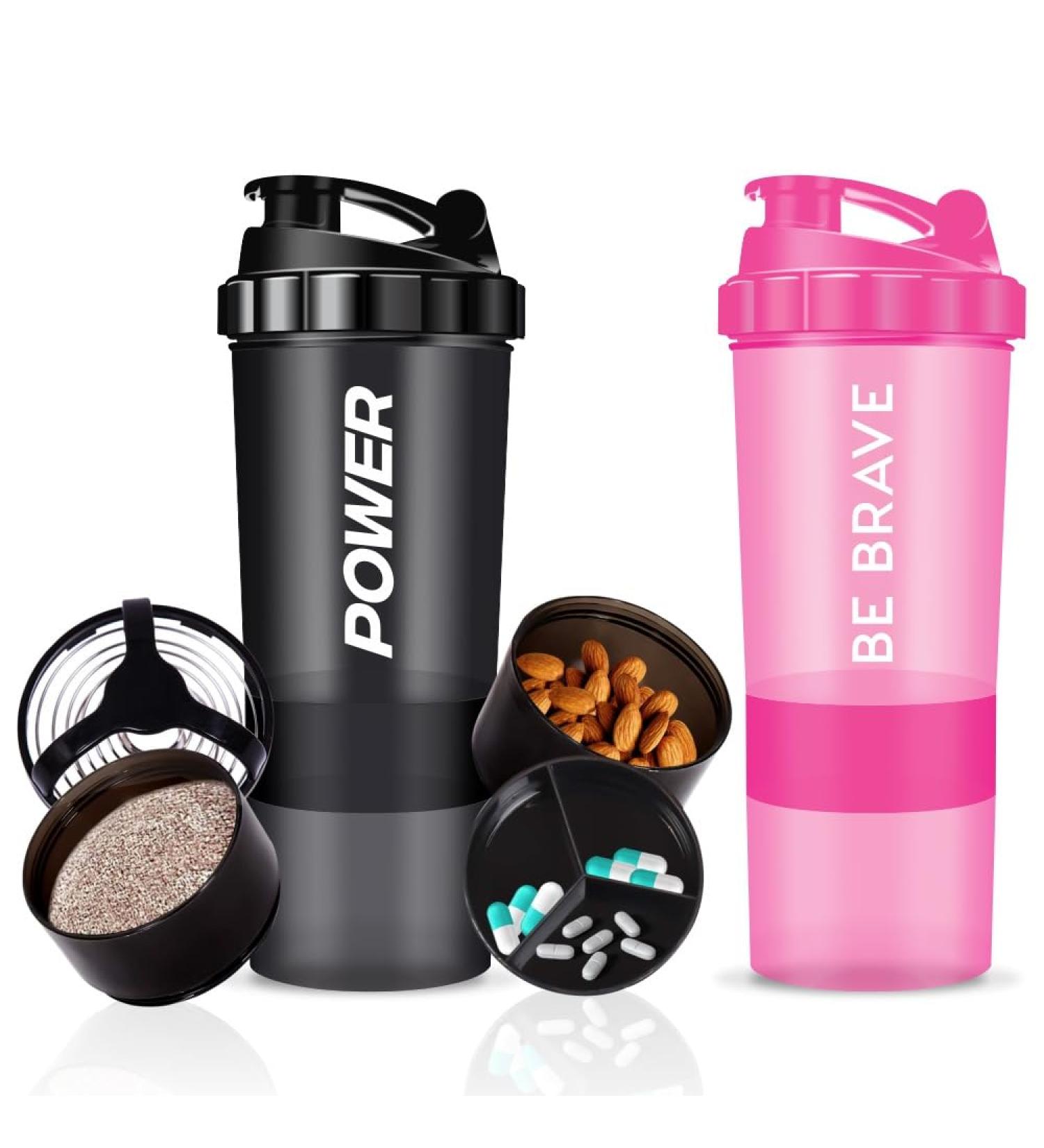 Acuna Protein Shaker Bottle 600ml - 2 Pack 3-Layer Supplement Storage Secure Protein Mixer | Power Black & Be Brave Pink - Buy Online on GoSupps.com