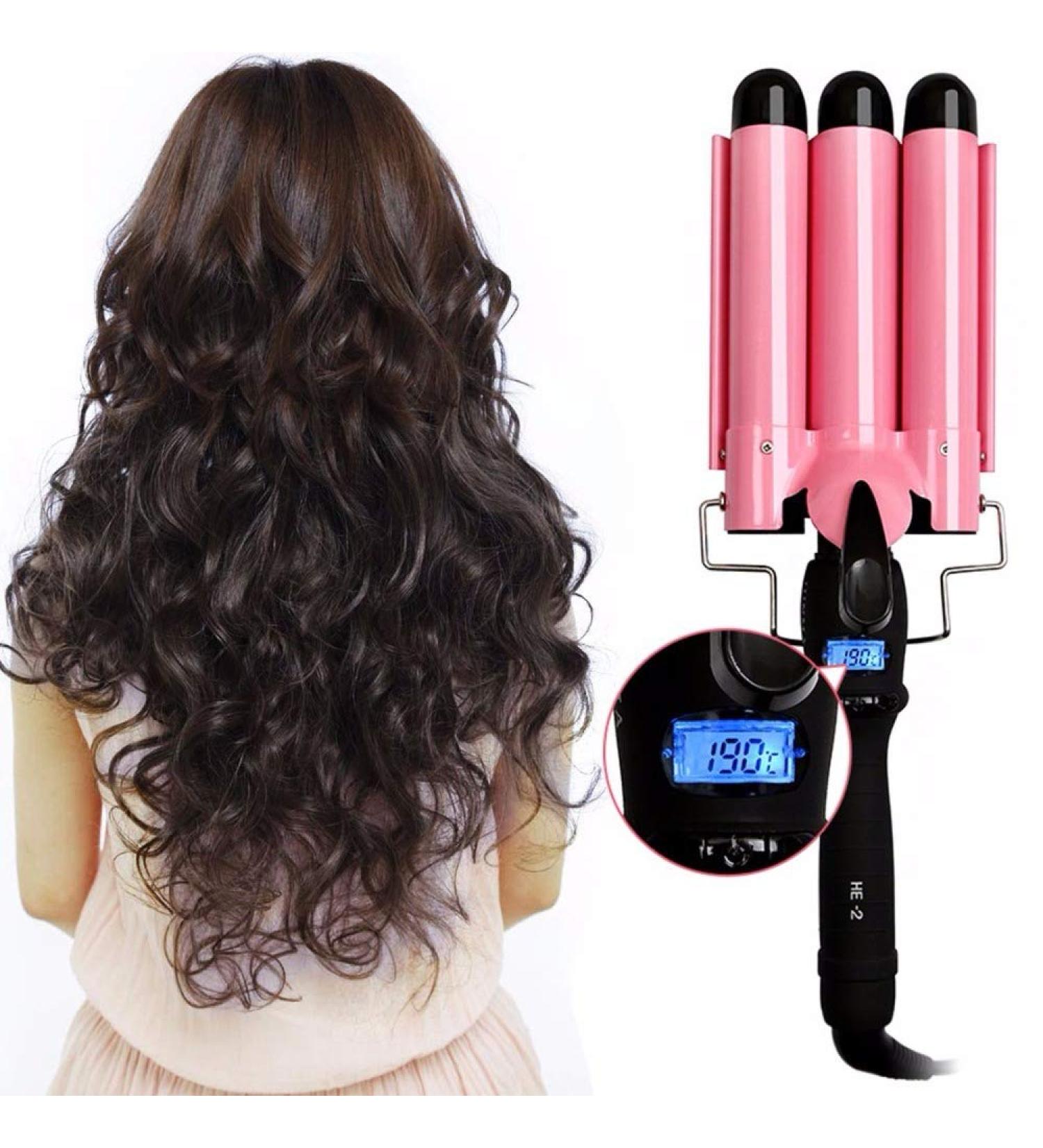 Curling Iron 3 Barrel Dual Voltage Hair Crimper with LCD Temp Display-Temperature Adjustable Portable Hair Waver Heats Up Quickly Ceramic Tourmaline Triple Barrels (Pink) - Buy Online on GoSupps.com