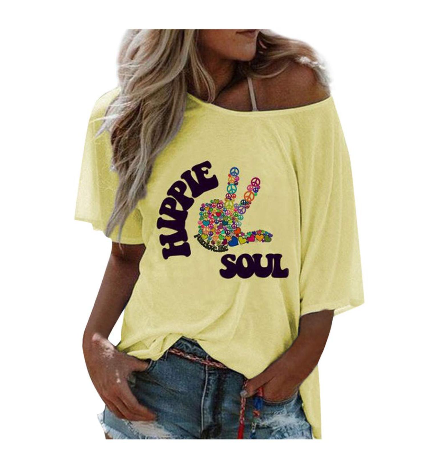 Ppanguding Women's Off Shoulder Rainbow T-Shirt - Summer Graphic Blouse Tops in Yellow | XL Size Fashion - Buy Online on GoSupps.com