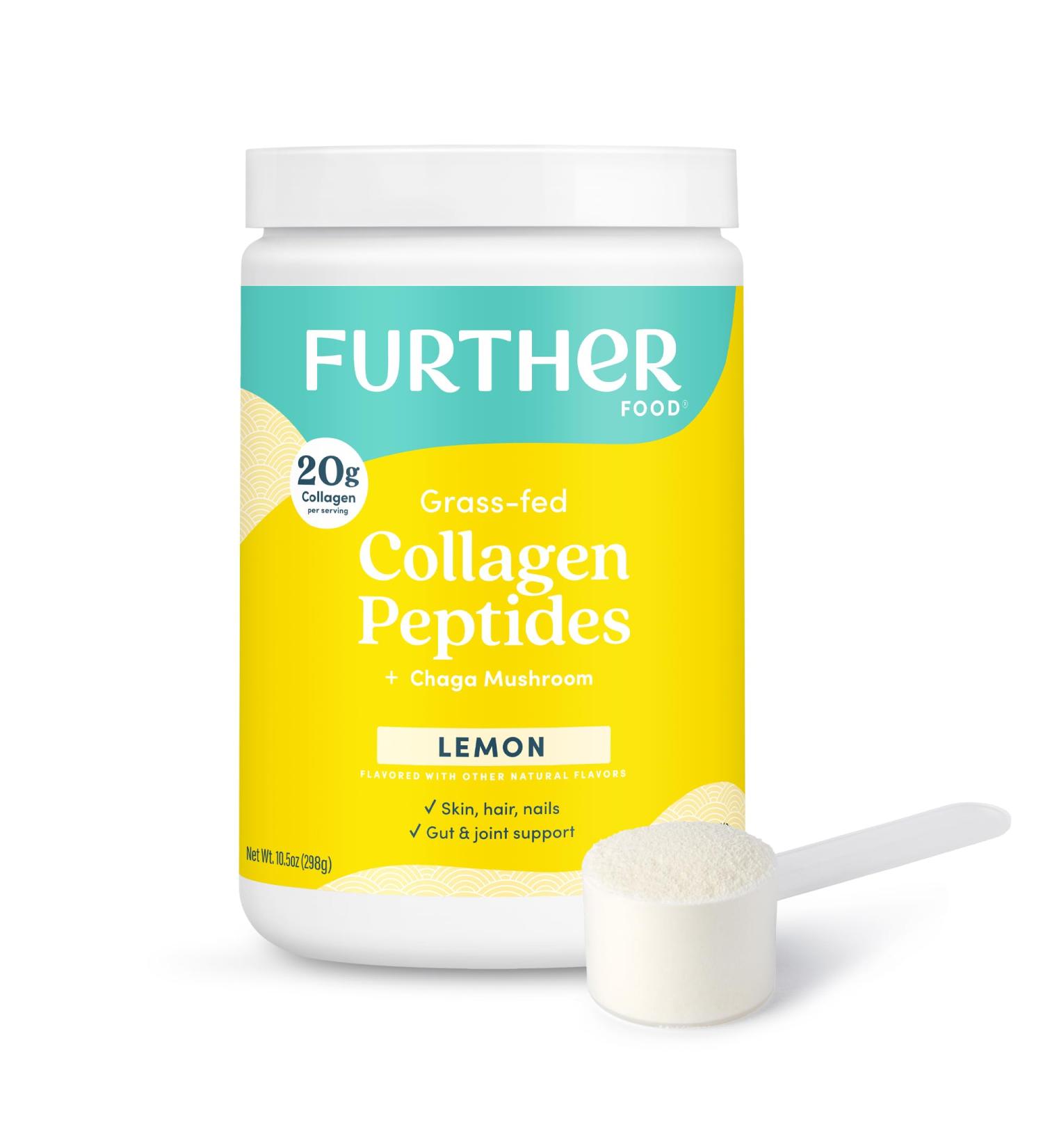 Further Food Lemon Collagen Peptides Powder - 100% Grass-Fed Hydrolyzed Type 1 & 3 20g of Collagen per Serving Supports Skin Hair Nails & Joints 10.5 Oz - Buy Online on GoSupps.com