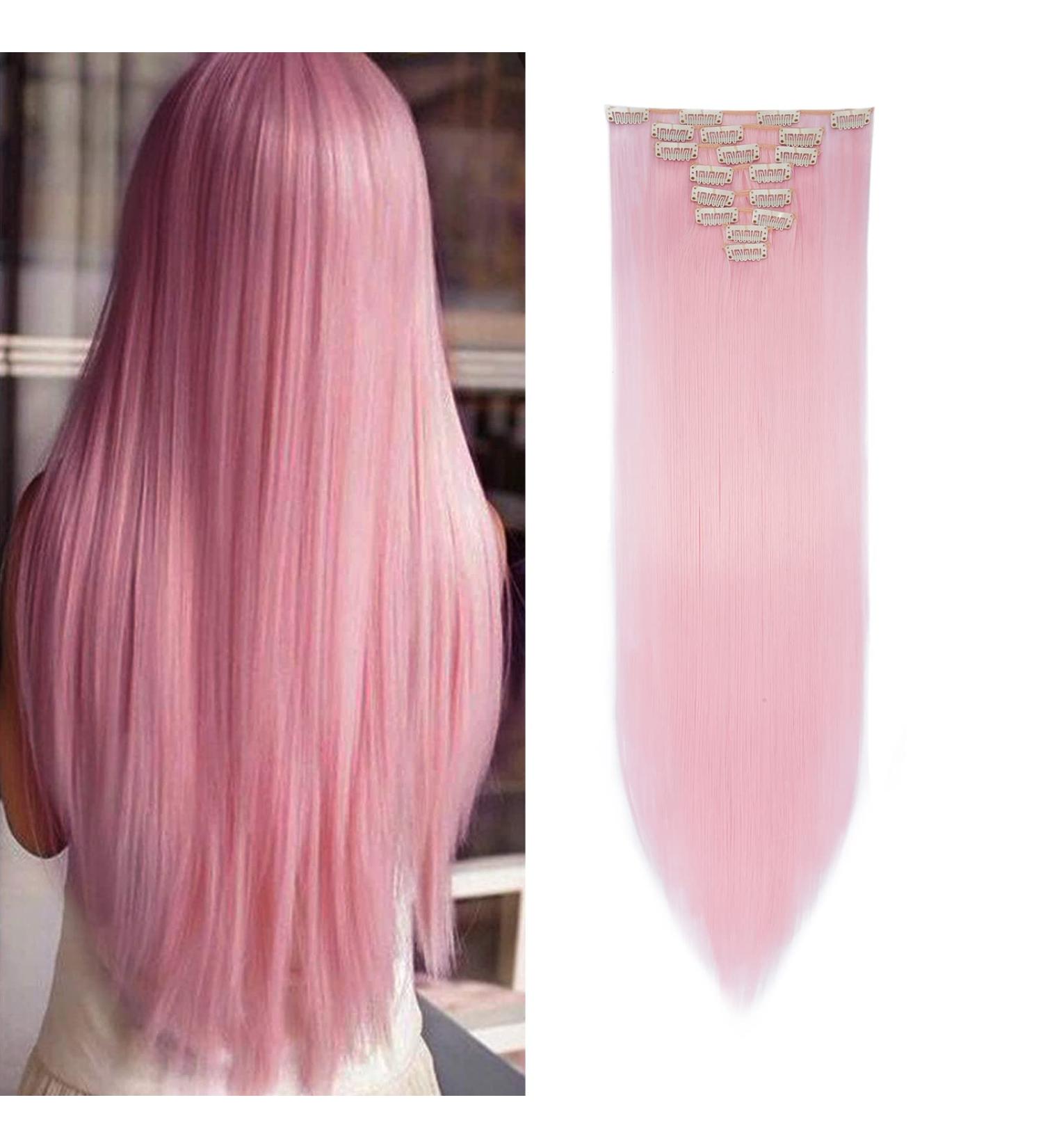 Light Pink 26 Inch Straight Clip in Hair Extensions - 8Pcs Full Head Synthetic Hairpiece with 18 Clips - Buy Online on GoSupps.com