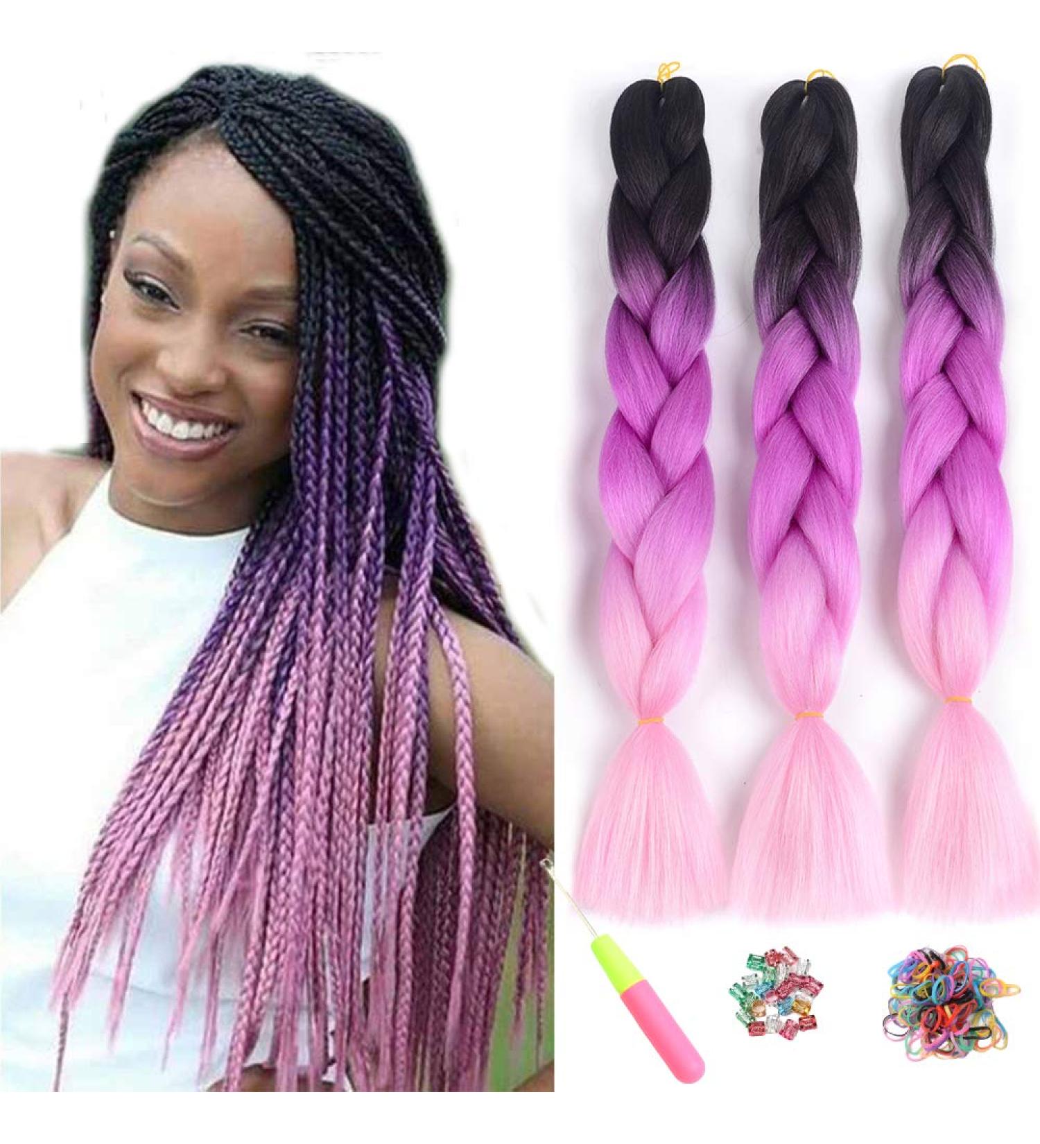 Buy Showjarlly Kanecalon Hair Extensions - 24 Ombre Jumbo Braid Box Braids in Black/Purple/Red/Light Pink | International Shipping Available - Buy Online on GoSupps.com