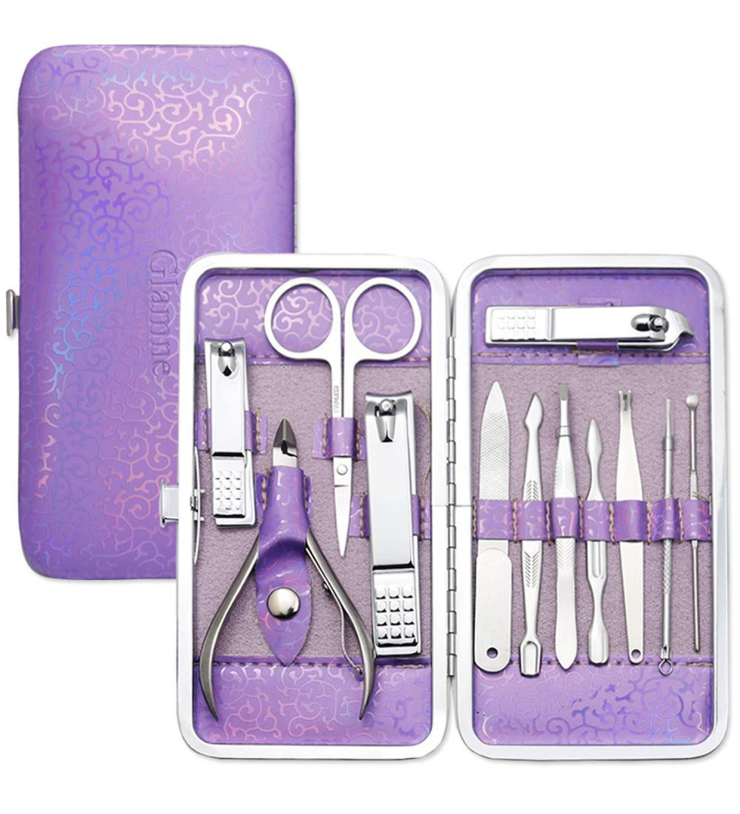 Glamne Manicure Pedicure Set Tools Professional Stainless Steel Nail Care Kits with Holographic Travel Case(Purple) - Buy Online on GoSupps.com