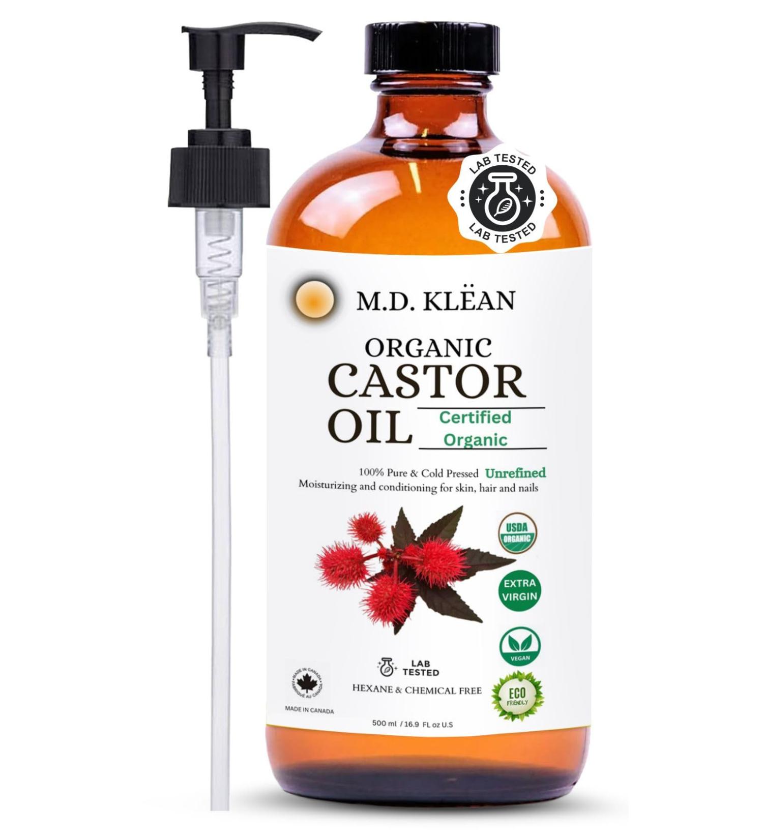M.D. KLEAN ORGANIC CASTOR OIL 100% Cold Pressed (500ml) Amber Glass Bottle - Hexane Free | BPA Free Pump Inc | Unrefined Certified Organic | Skin Moisturizing and Conditioning Oil - Buy Online on GoSupps.com