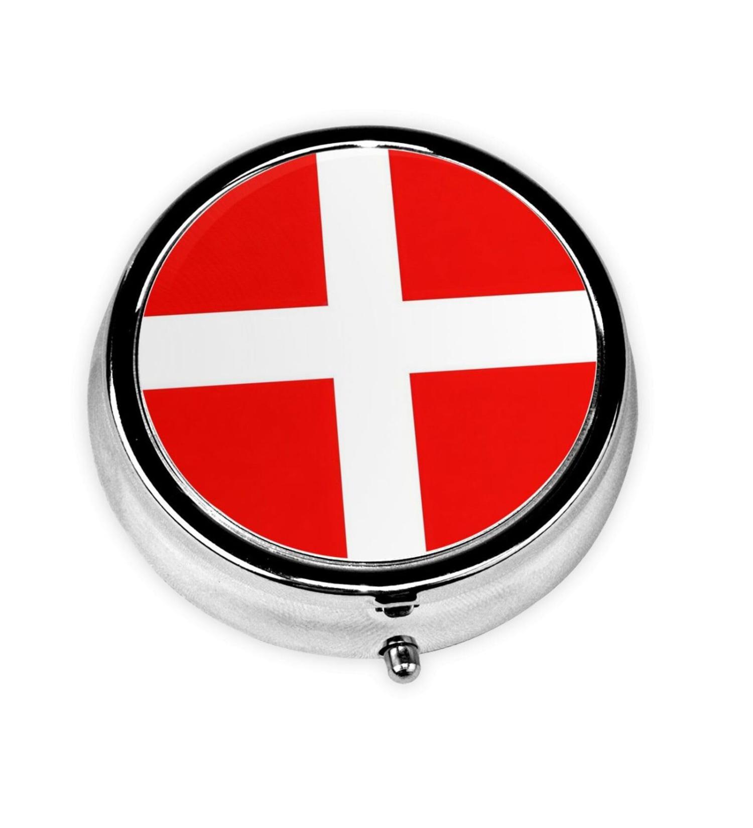 Buy Denmark Danish Flag Portable Metal Pill Box | Mini 3-Compartment Design for Travel | Perfect for Small Pills - Buy Online on GoSupps.com