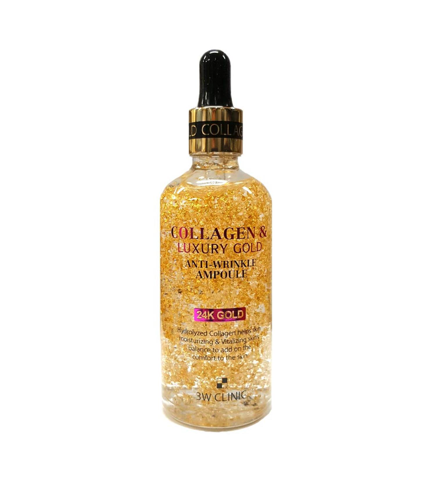 3W Clinic Collagen Luxyry Gold Anti-Wrinkle Ampoule -Paraben Free Mineral Oil Free-Moisturizing Ampoule -3.38fl.oz.-Hydrolyzed Collagen Pure Gold 500ppm