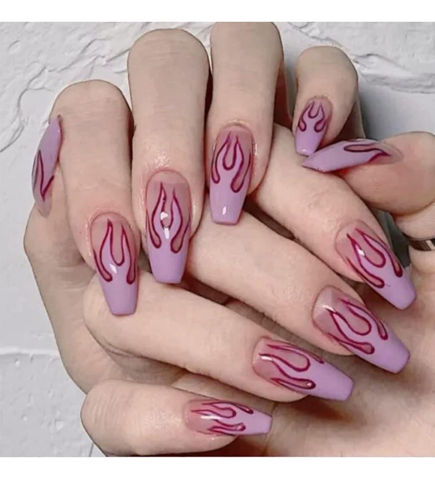 Vatocu Coffin Flame Glitter False Nails - Purple Ballerina Full Cover Acrylic Press-On Nails (24 Pieces) for Women & Girls - Buy Online on GoSupps.com