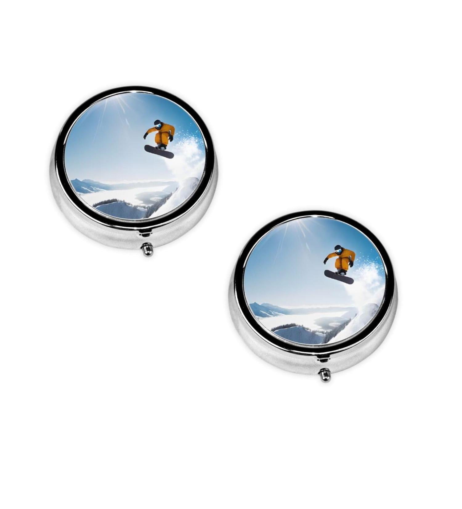 Snowboarding Mini Round Pill Box | 3 Compartment Portable Pill Organizer for Travel & Home - Buy Online on GoSupps.com
