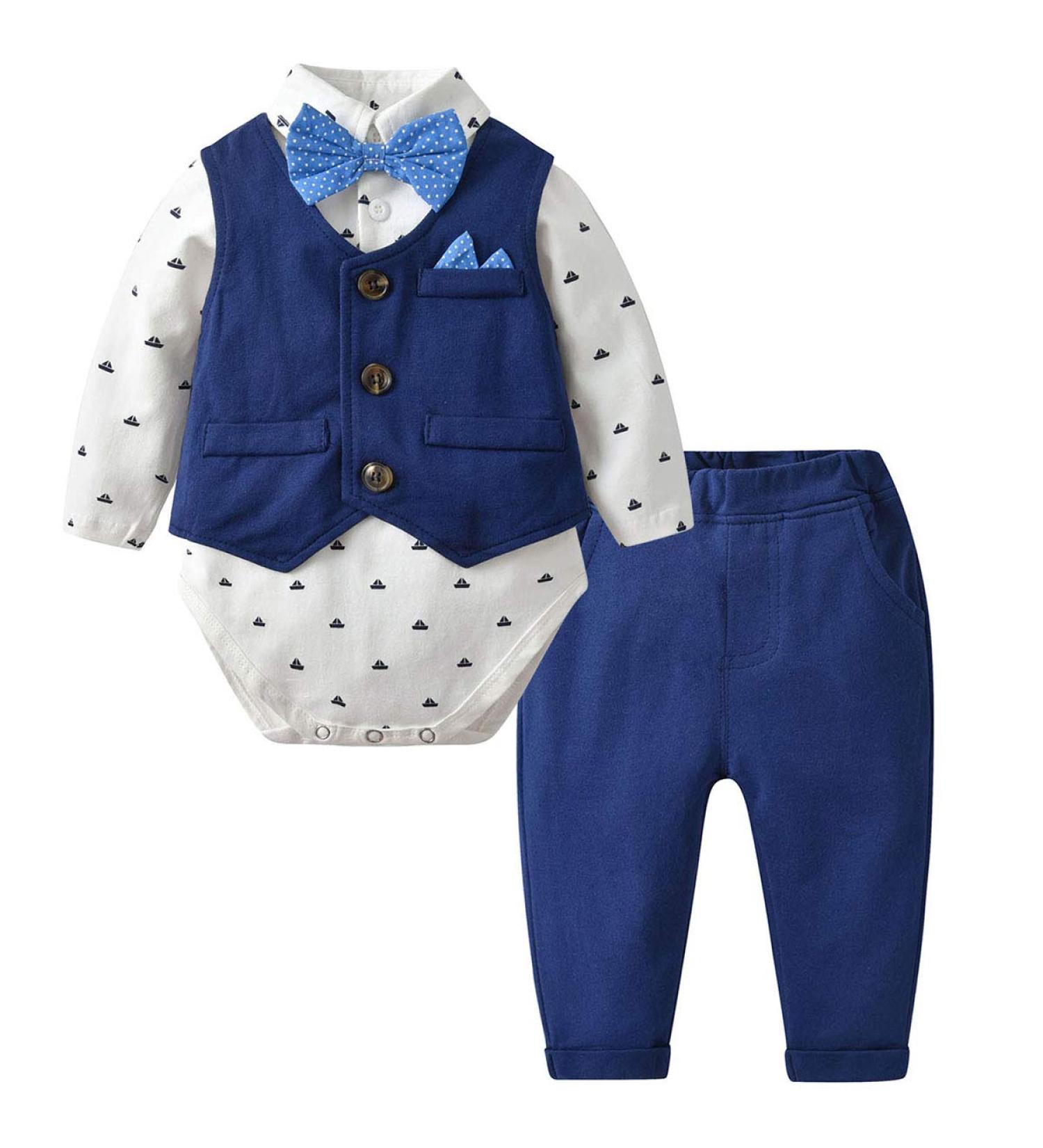 Famuka Baby Boy 3 Piece Formal Suit with Bows Waistcoat | Gentleman Tuxedo Navy | 3-12 Months - Buy Online on GoSupps.com