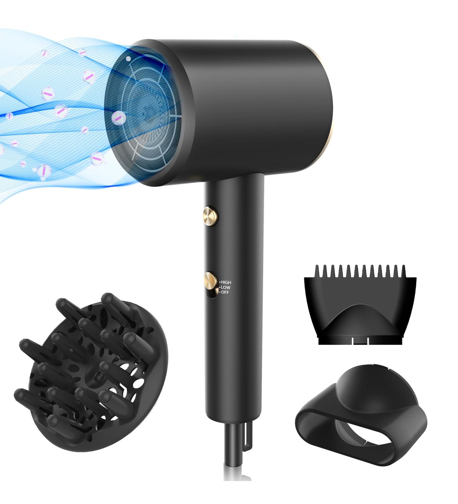 Travel Hair Dryer with Diffuser - Professional Lightweight Blow Dryer for Curly Hair - 2 Speed Heat Settings - Low Noise - Golden - Buy Online on GoSupps.com