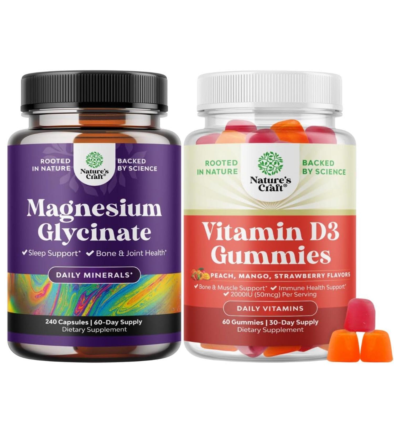 Bundle of Pure Magnesium Glycinate Supplement 400mg Per Serving for Mood Sleep & Relaxation Support and Vitamin D3 Gummies for Daily Wellness with 2000IU per Serving Bone Muscle & Immune Support - Buy Online on GoSupps.com