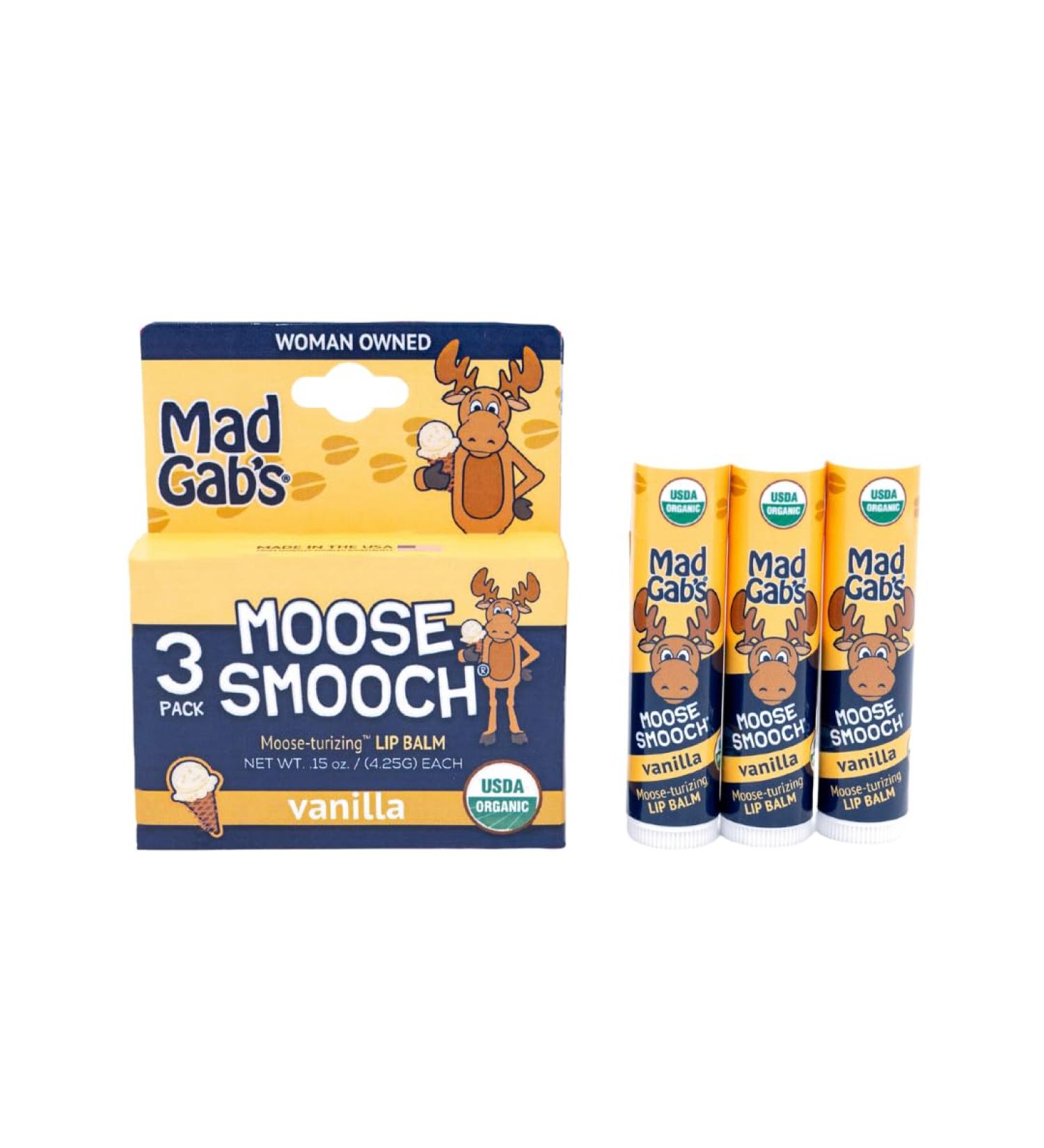 Mad Gab's Moose Smooch Vanilla Lip Balm 3pk | Moisturizing and Certified Organic | Made with Organic Olive Oil and Beeswax - Buy Online on GoSupps.com