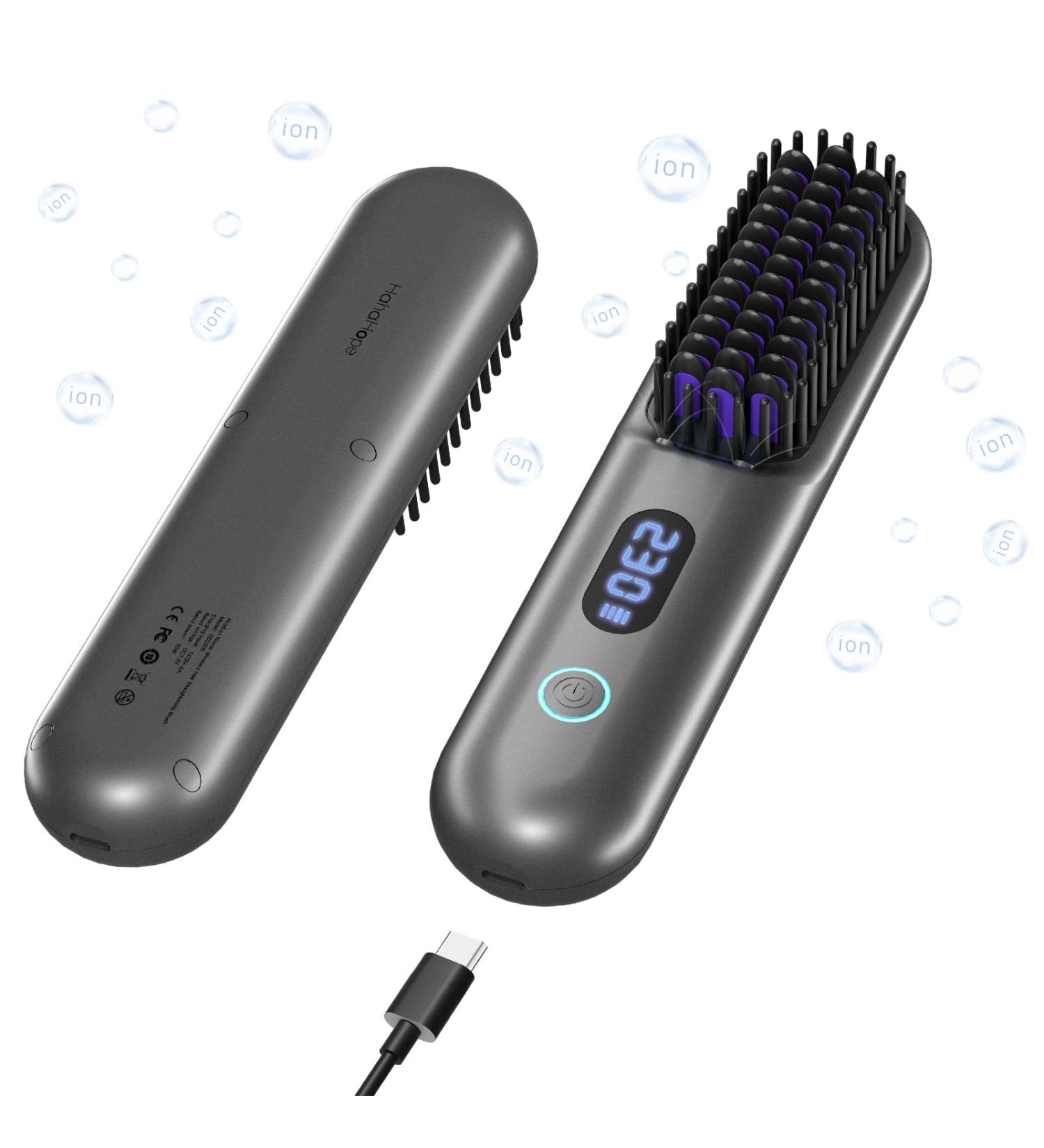 Cordless Hair Straightener Brush - Portable Straightening Comb with 9600mAh Battery Plasma Technology 9 Temperature Settings & LED Display for Travel & Home - Metallic Grey - Buy Online on GoSupps.com
