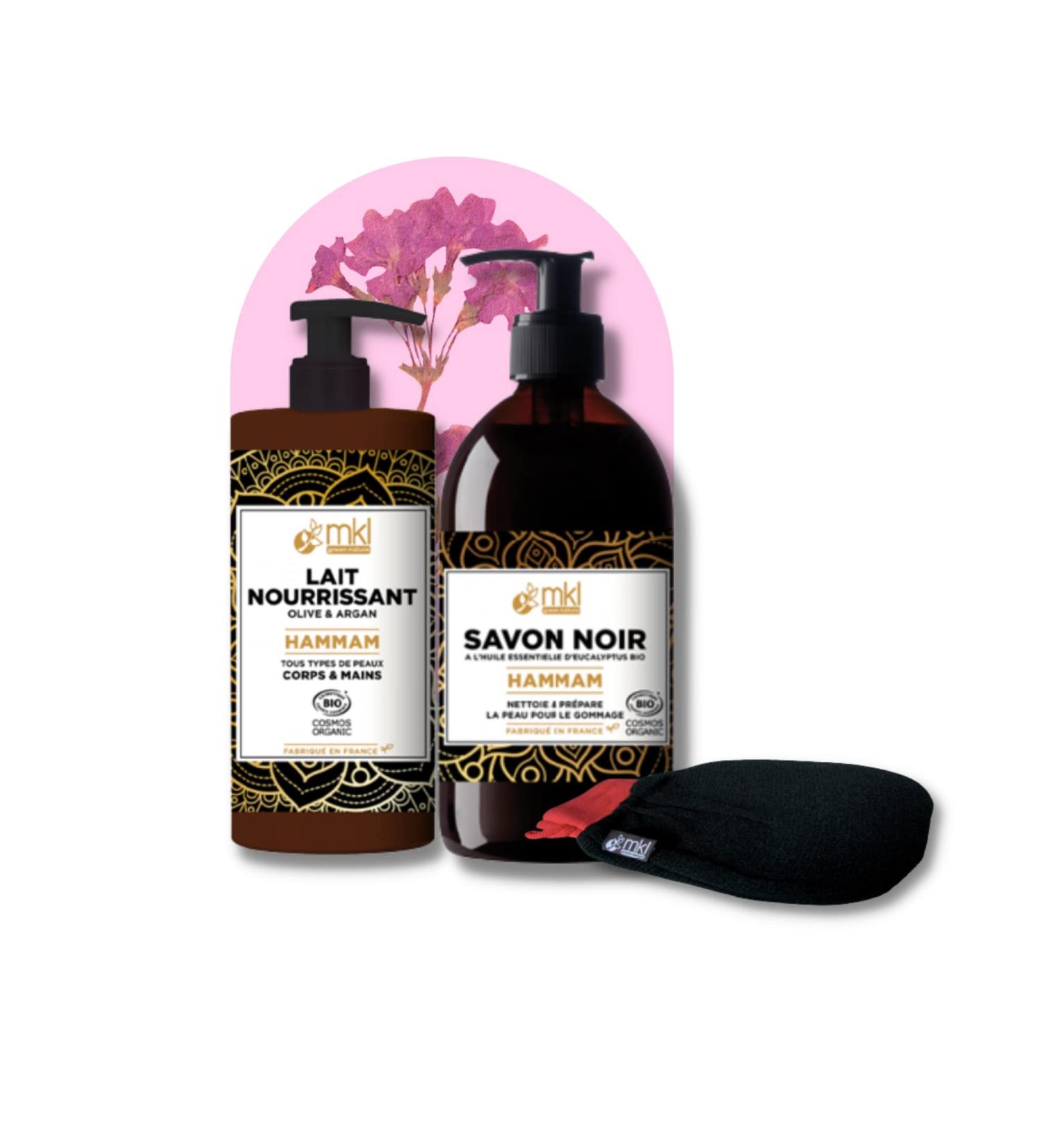 mkl green nature La Routine Orientale Hammam Range - 1 x Black Eucalyptus Soap 500 ml + 1 Kessa Scrub Glove + 1 Nourishing Body Lotion Olive and Argan 500 ml - Made in France - Buy Online on GoSupps.com