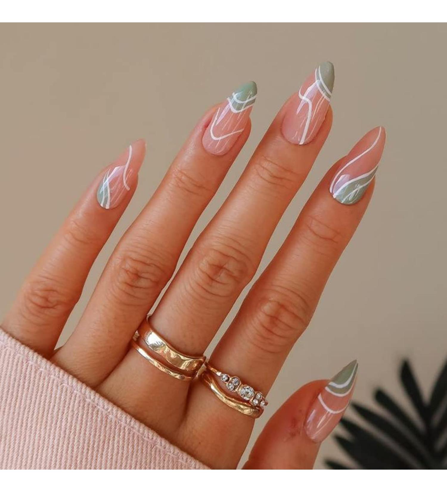 Sethexy Abstract Almond Shape False Nails - 24-Pack Green French Press-On Acrylic Nails for Women & Girls - Buy Online on GoSupps.com