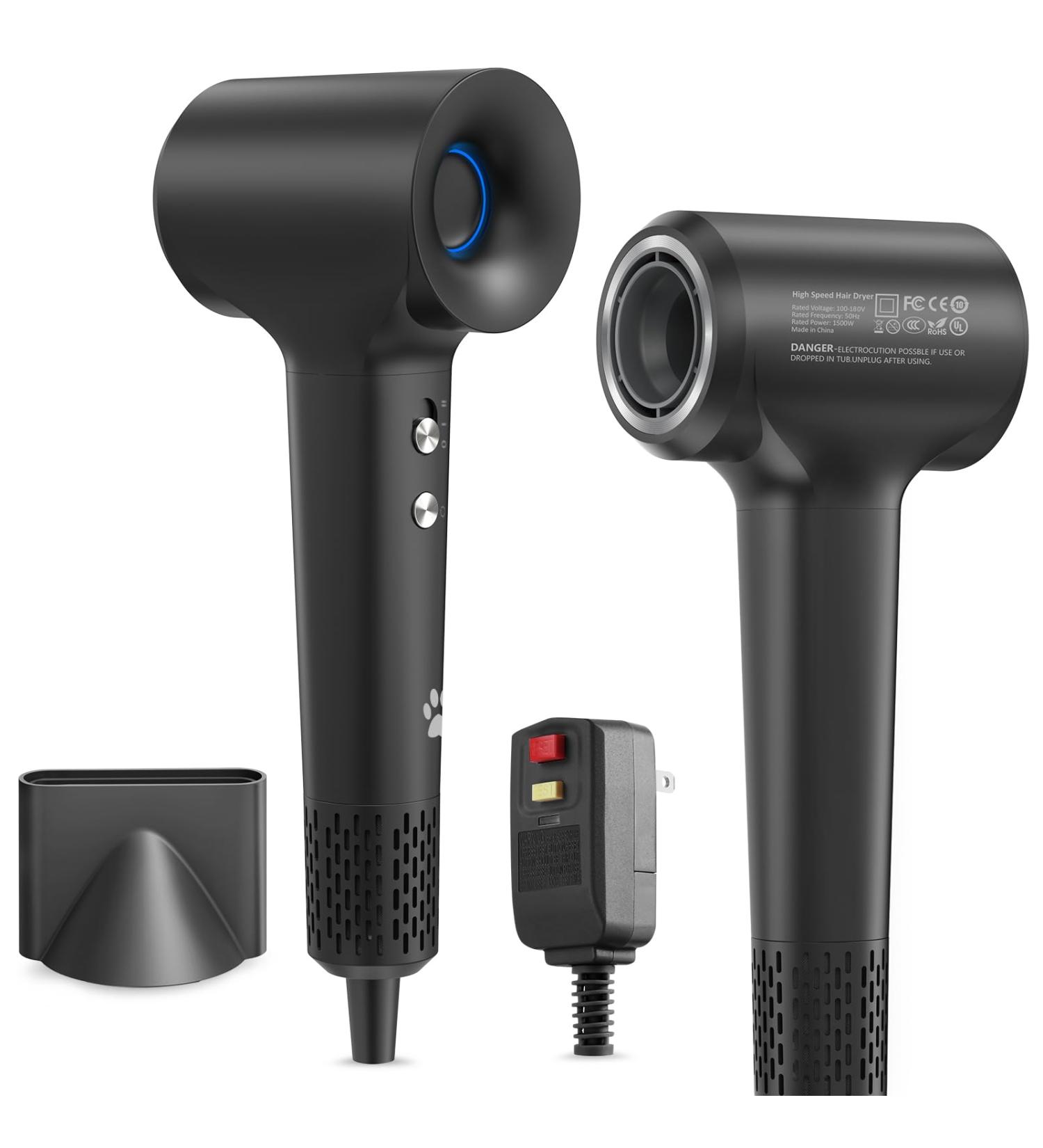 Professional High-Speed Hair Dryer - 110000 RPM Ionic Care Low Noise & 360 Magnetic Nozzle - Fast Drying for Home & Travel - Dark Grey - Buy Online on GoSupps.com