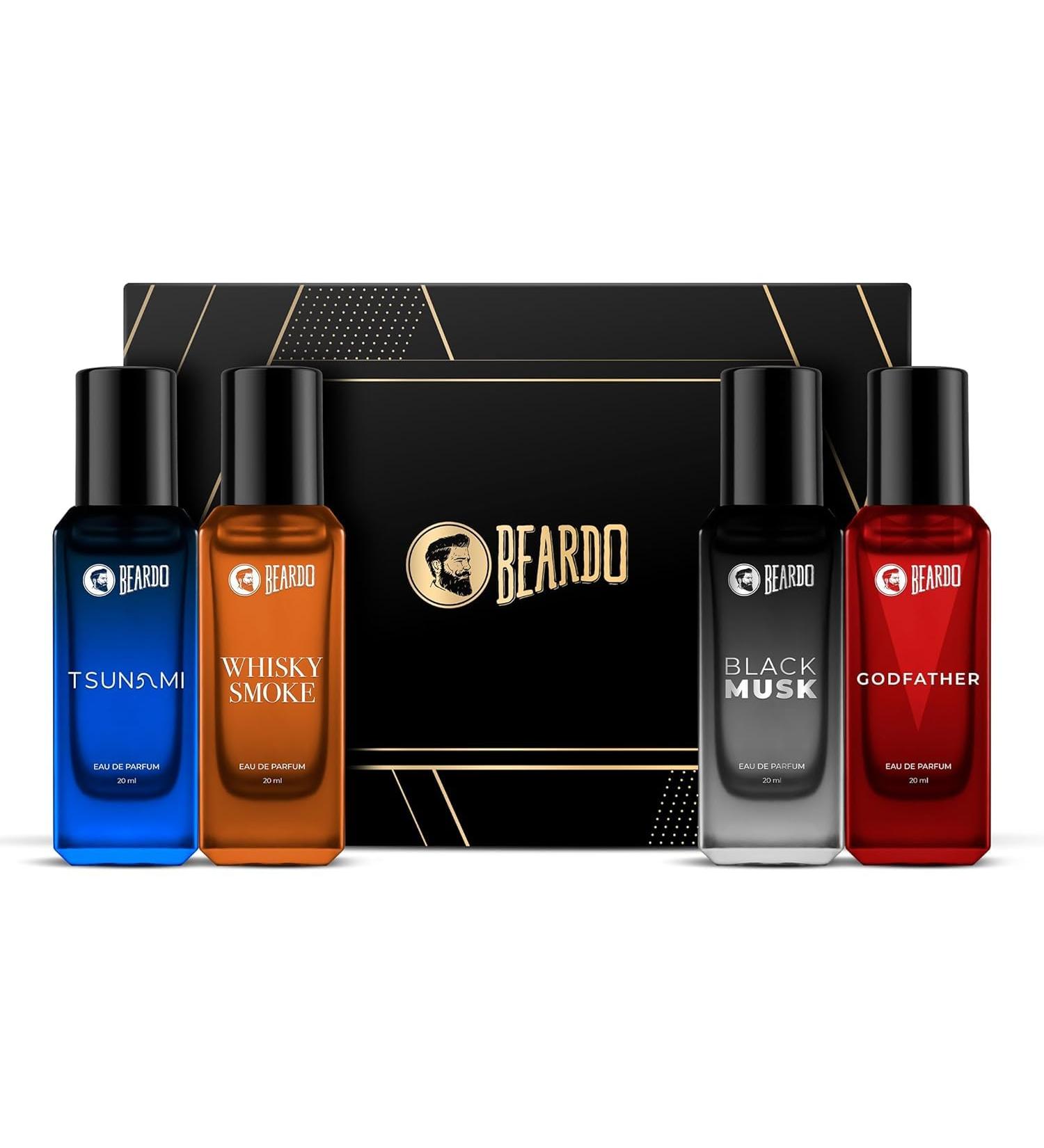 Bea'rdos Perfumes Giftset For Men (Pack of 4 x 20ml) Whisky Smoke Godfather Tsunami and Black Musk | Long Lasting Perfume Musk & Woody Fresh Fragrance | Rakhi Gift for Brother | Friendship Day Gift - Buy Online on GoSupps.com